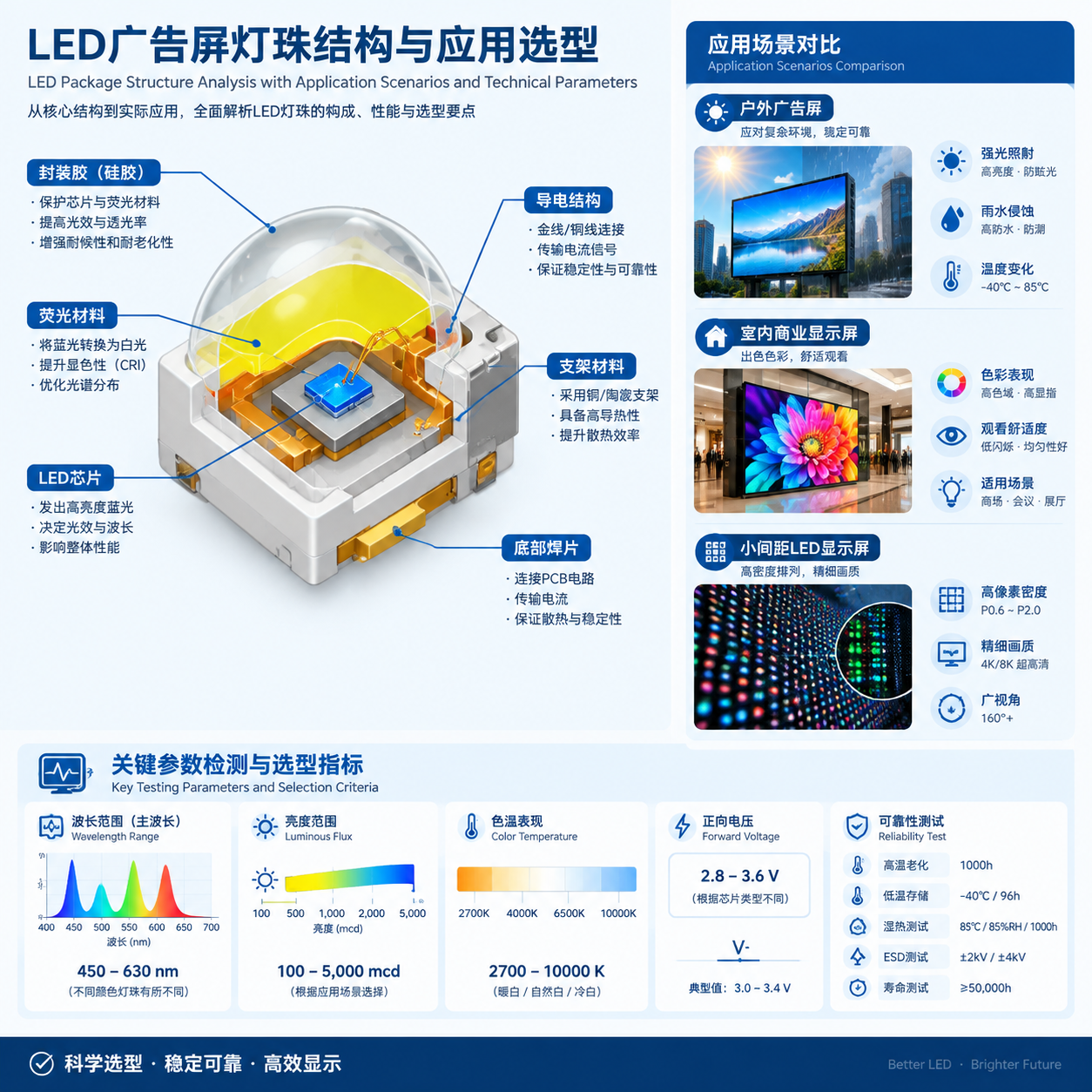 LED广告屏灯珠结构与应用选型的技术示意场景。画面中心为一颗LED灯珠的三维剖面放大图，清晰展示LED芯片、支架材料、封装胶、荧光材料以及导电结构等组成部分，并通过简洁标注体现不同结构作用。右侧呈现三种应用场景对比：户外广告屏面对阳光、雨水和温度变化环境；室内商业显示屏强调色彩表现和观看舒适度；小间距LED显示屏展示高密度排列和精细画质。同时加入参数检测界面，显示波长范围、亮度范围、色温表现、正向电压、可靠性测试数据等选型指标。整体采用专业产品解析插画风格，横向信息布局，适合技术文章展示。