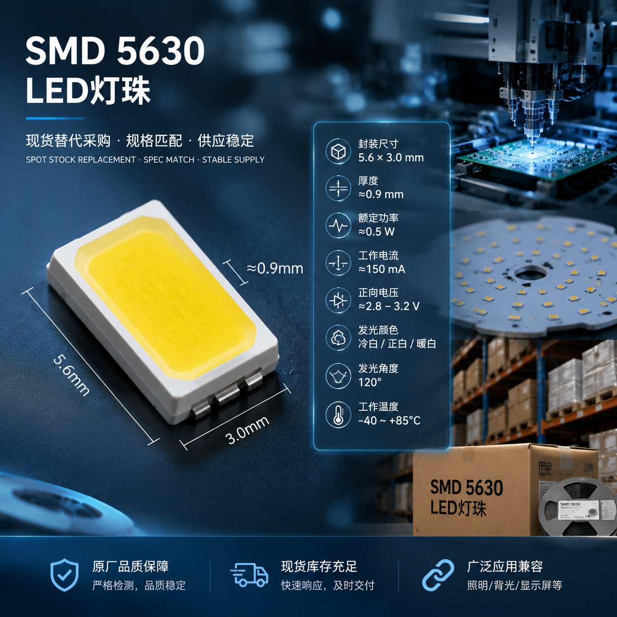 横版科技产品展示图,中心为高清微距SMD 5630封装LED灯珠实拍效果,旁边半透明标注封装尺寸5.6×3.0mm、厚度约0.9mm、额定功率约0.5W、工作电流约150mA等关键参数,背景呈现LED照明供应链场景(贴片生产线、PCB灯板、仓储电子元件包装),突出‘现货替代采购、规格匹配、供应稳定’主题,冷色调工业科技风格,横向构图