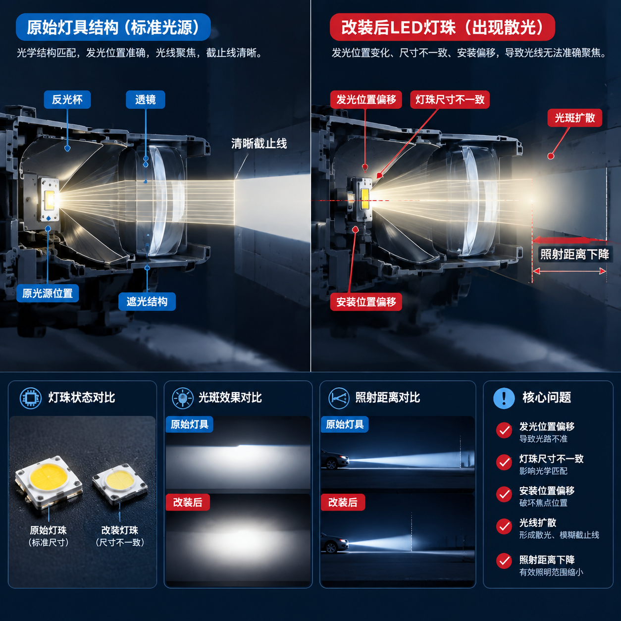 横版技术科普示意图展示改装LED灯珠后出现散光的对比:左侧原始灯具内部剖面含反光杯透镜遮光结构与原光源位置,右侧改装后的LED灯珠因发光中心高度变化尺寸不一致安装偏移导致光线无法聚焦形成扩散光斑模糊截止线,箭头标注发光位置偏移光斑扩散照射距离下降