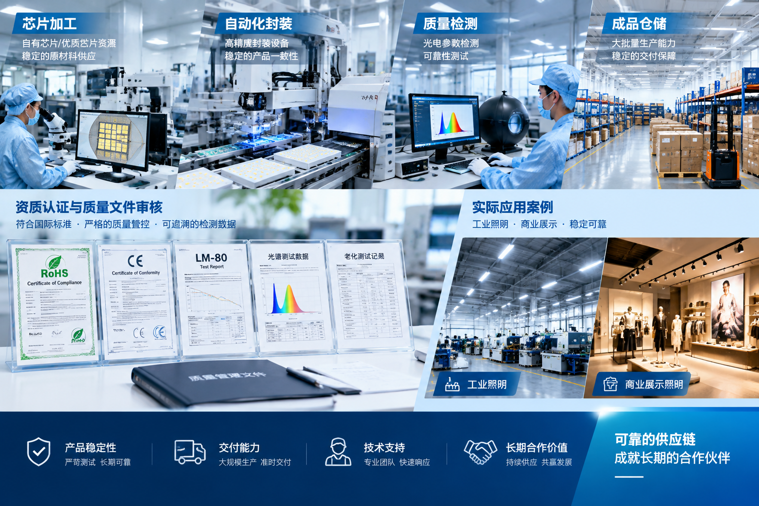 横版构图，展示企业选择LED灯珠长期合作供方的综合评估场景。画面主体为现代LED封装生产车间，展示自动化封装设备、芯片加工区域、质量检测区域和成品仓储区域，体现具备自主封装能力和批量生产能力的供应体系。前景展示质量资料审核场景，包括RoHS认证文件、CE认证资料、LM-80测试报告、光谱测试数据和老化测试记录。画面加入照明产品实际应用案例，如工业照明灯具、商业展示照明环境，体现产品稳定性、交付能力、技术支持和长期供应价值。整体采用高端工业摄影风格，明亮洁净，突出可靠供应链建设和长期合作理念，横版公众号文章配图。English note: LED manufacturer capability assessment and reliable long-term supply chain.