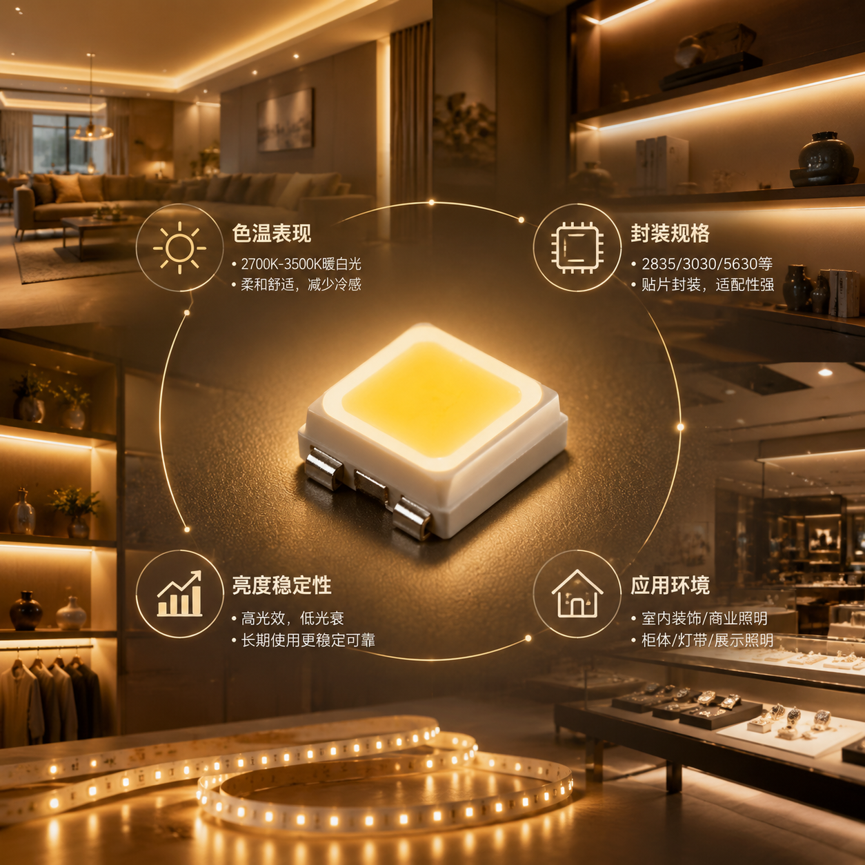 暖白SMD灯珠在多种照明场景中的应用概览,中心为精密暖白SMD LED灯珠微距实拍效果,背景融合现代室内、灯带装饰、柜体照明和商业展示,体现柔和暖黄色光晕与舒适视觉特点,环绕色温、封装规格、亮度稳定性、应用环境四个科技信息展示方向
