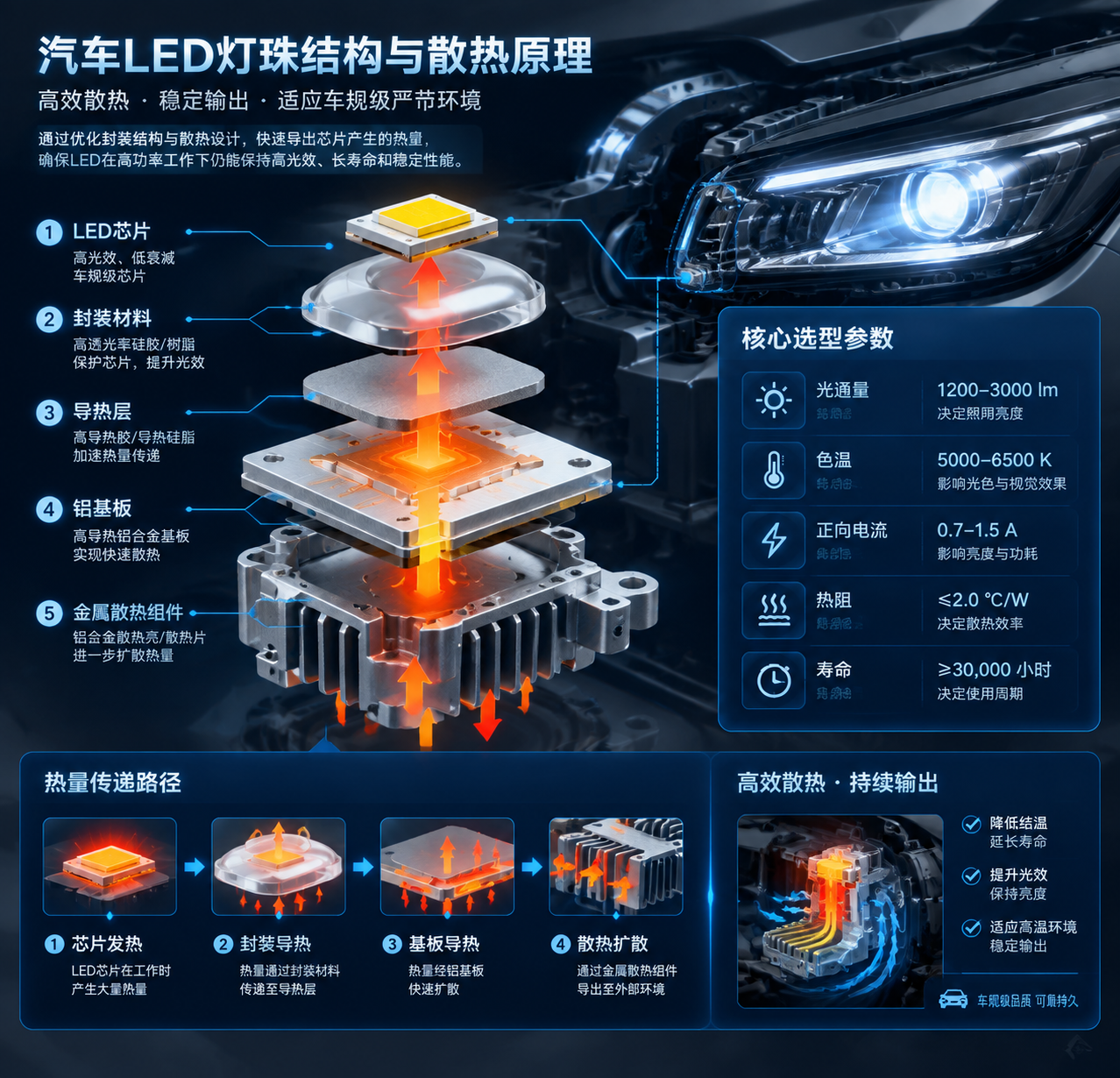横版构图,LED灯珠结构拆解与散热原理示意图,中央放大汽车高功率LED灯珠芯片、封装材料、导热层、铝基板散热结构及金属散热组件,旁边参数可视化信息板展示光通量色温正向电流热阻寿命,通过热流箭头表现热量传递,背景汽车前照灯内部空间,专业汽车电子技术图解