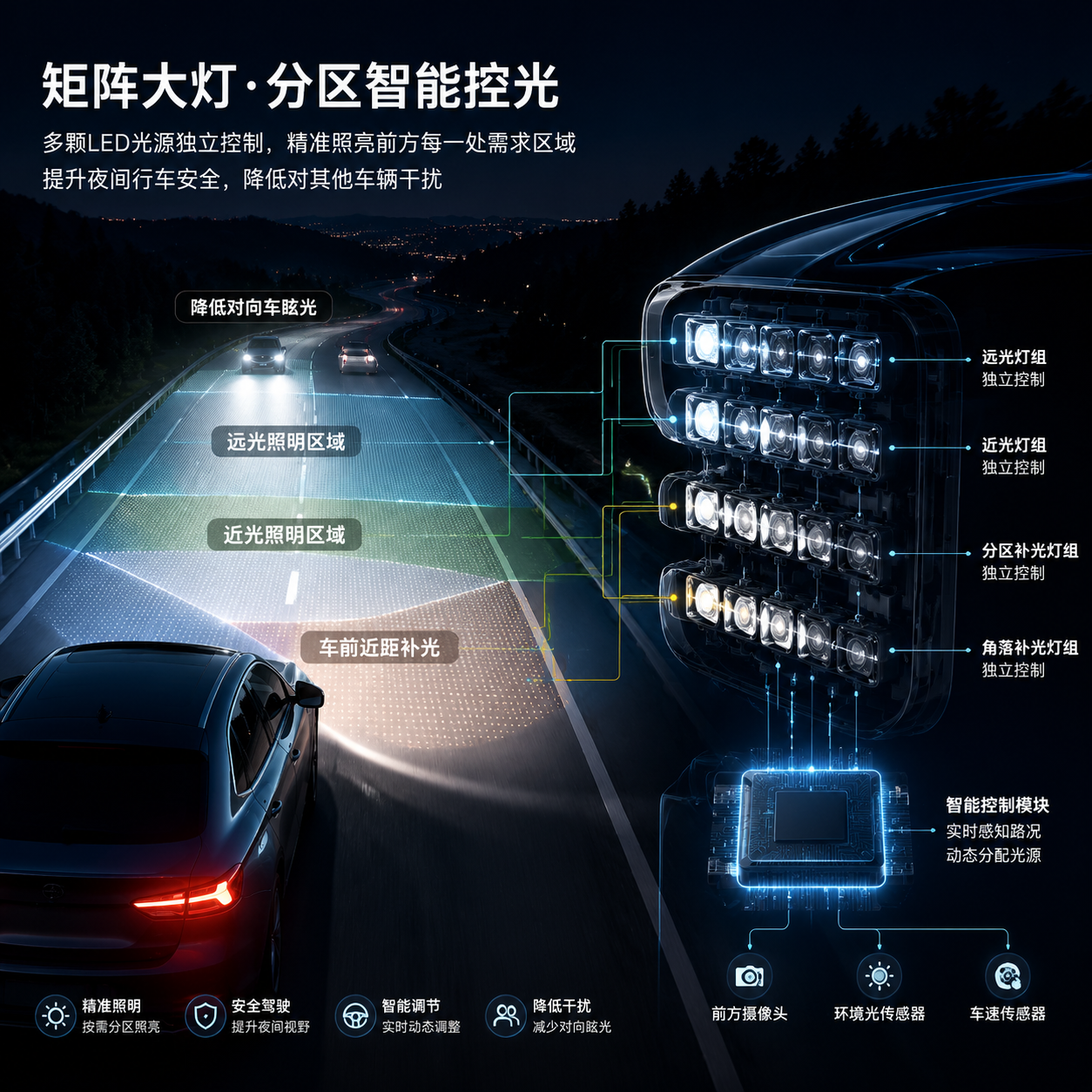 用于文章开篇展示矩阵大灯分区控光灯珠的核心概念。横版科技感构图，画面左侧为夜间道路行驶场景，一辆智能汽车开启前大灯，前方道路被划分成多个不同亮度的照明区域；右侧以半透明剖视效果展示车灯内部多个独立LED灯珠阵列，每个灯珠单元对应不同光照区域，并通过细线连接到智能控制模块，体现“多个LED光源独立控制，实现不同区域精准照明”的工作方式。画面突出夜间驾驶安全、动态调节灯光范围以及降低其他车辆受光影响的场景，采用真实汽车灯光摄影与未来智能照明信息图结合风格，横向布局