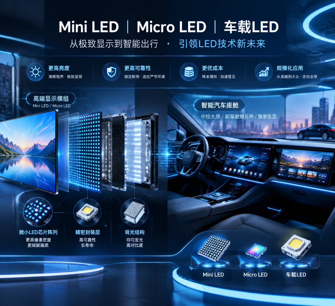 第1张图片详细画面描述：横版科技展会主题视觉，展示Mini LED、Micro LED与车载LED技术发展趋势的综合场景。画面左侧为高端显示模组拆解示意，包含微小LED芯片阵列、背光结构、精密封装层；右侧连接智能汽车座舱环境，展示中控大屏、副驾驶娱乐屏与未来智能交互界面。突出文章开篇提到的核心问题：随着智能汽车和高端显示需求提升，行业关注亮度、可靠性、成本以及规模化应用。整体采用未来工业设计风格，冷色科技光效，横向构图，适合公众号头图展示。English note: futuristic LED display technology overview, horizontal composition.