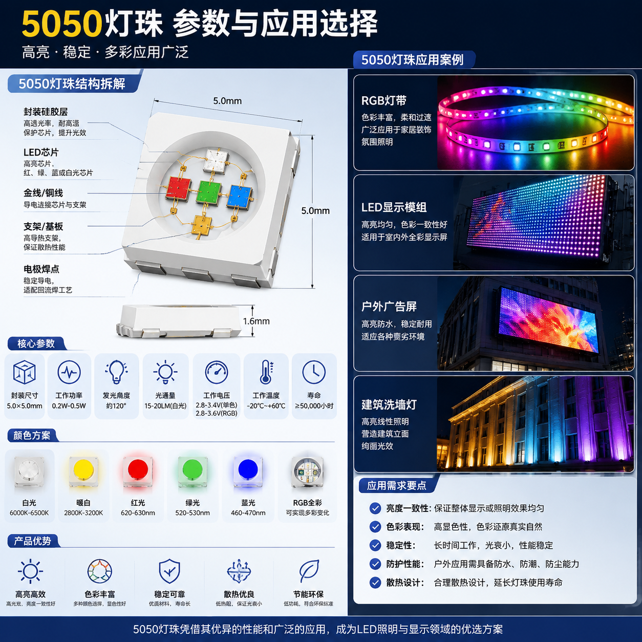 横版构图,围绕5050灯珠参数与应用选择制作技术可视化图片。画面左侧为5050灯珠结构拆解示意图,标注封装尺寸5.0×5.0mm、工作功率0.2W-0.5W、发光角度约120°等关键参数,展示单颗LED芯片、封装层、电路板的内部结构。右侧展示实际应用案例,包括RGB灯带发光效果、LED显示模组、户外广告屏和建筑洗墙灯场景,通过不同颜色光效体现红、绿、蓝、白、RGB多色方案差异。整体采用科技信息图结合产品实拍风格,参数文字清晰、层次分明,突出不同应用场景对亮度一致性、色彩表现和稳定性的要求。横向排版,适合文章中段技术说明区域。