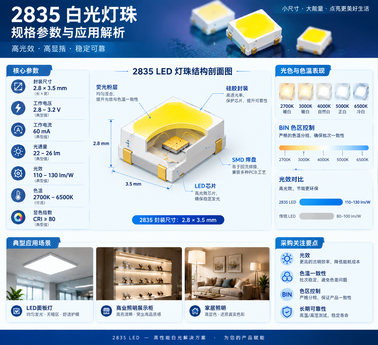 横版技术解析信息图风格，围绕2835白光灯珠规格参数进行可视化展示。画面中心为放大的2835 LED灯珠结构剖面图，标注封装尺寸2.8×3.5mm、工作电压2.8-3.2V、工作电流60mA、光通量22-26lm、光效110-130lm/W、色温2700K-6500K、CRI≥80等关键参数；周围结合不同应用场景的小型实景效果，包括LED面板灯均匀发光、商业照明展示柜、高显色家居照明环境。采用清晰科技蓝图与真实产品融合设计，突出光效、色温一致性、BIN色区控制等采购关注点，让复杂参数直观易懂。