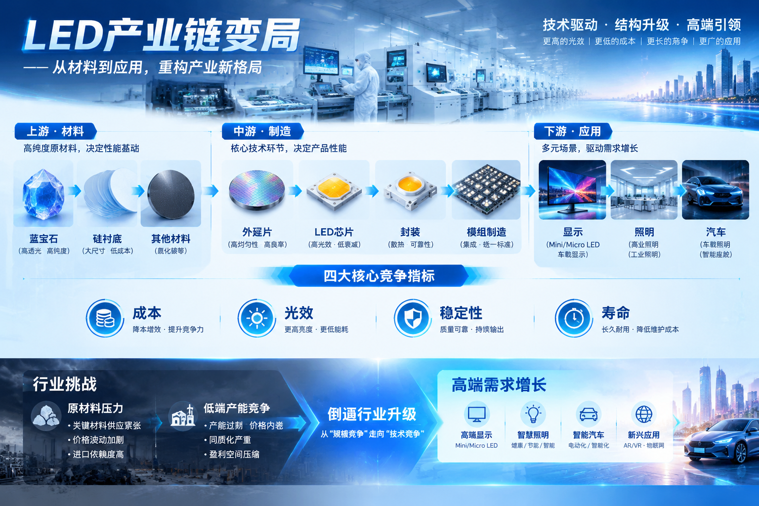 横版科技产业链全景图，表现LED产业链变局主题。画面左侧展示蓝宝石、硅衬底等上游材料，中间依次连接外延片、LED芯片、封装、模组制造流程，右侧延伸到显示、照明、汽车等终端应用场景。用清晰的工业信息图风格呈现产业链上下游关系，在流程节点加入“成本、光效、稳定性、寿命”四个关键竞争指标视觉标签，背景结合现代化半导体工厂和智能制造元素，突出原材料压力、低端产能竞争与高端需求增长推动行业升级的核心逻辑。整体采用蓝白色科技感视觉，横向构图，适合公众号头图展示。