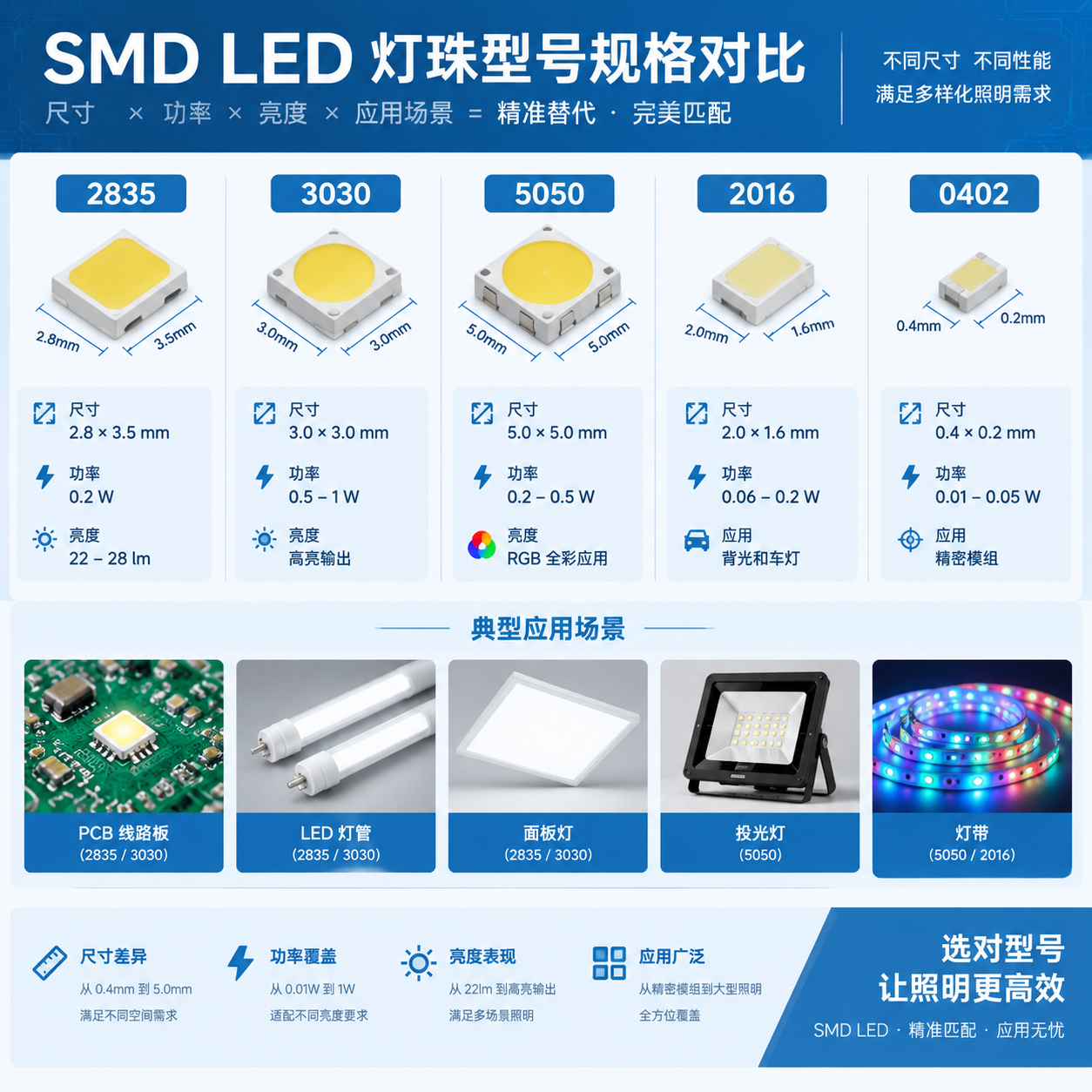横版技术科普信息图风格,围绕SMD LED灯珠型号规格对比和替代参数匹配展开。画面中央制作一组精密对比展示:2835、3030、5050、2016、0402五种SMD灯珠模型按照尺寸比例排列,并标注对应关键数据例如2835尺寸2.8×3.5mm、0.2W、22-28lm;3030尺寸3.0×3.0mm、0.5-1W高亮输出;5050尺寸5.0×5.0mm、RGB全彩应用;2016用于背光和车灯;0402用于精密模组。背景结合PCB线路板、灯管、面板灯、投光灯、灯带等实际应用场景缩略图,展示不同型号在照明产品中的落地应用。整体采用清晰科技图表设计,突出尺寸、功率、亮度和应用场景之间的关系