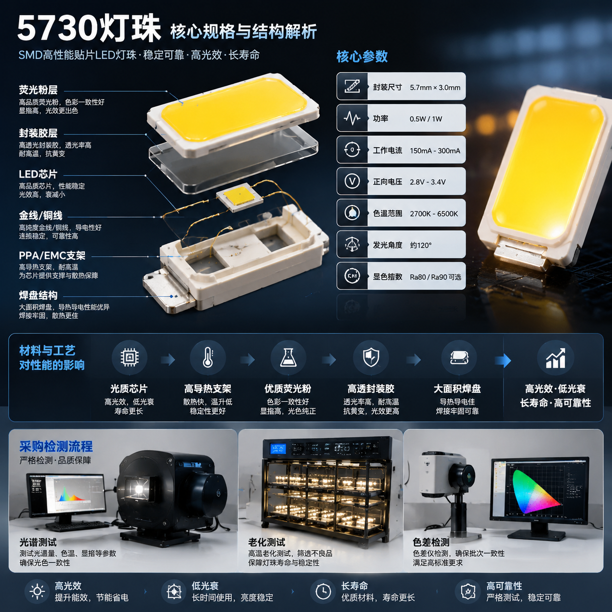 横版构图，围绕5730灯珠核心规格参数制作技术解析图，画面中心为一颗拆解放大的SMD灯珠结构示意，分层展示LED芯片、金线或铜线、PPA或EMC支架、荧光粉、封装胶、焊盘结构，并配合参数信息卡片：封装尺寸5.7mm×3.0mm、功率0.5W/1W、工作电流150mA-300mA、正向电压2.8V-3.4V、色温2700K-6500K、发光角度约120°、显色指数Ra80/Ra90可选，背景结合光谱测试设备、老化测试设备和色差检测设备，整体采用科技信息图与工业产品摄影结合风格