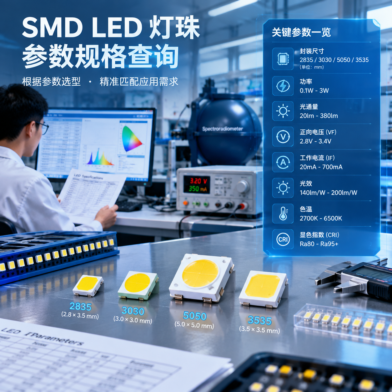 横版科技工业风信息图,放置于文章开篇,用于概括SMD灯珠参数规格查询主题。画面中心展示多种SMD LED贴片灯珠实物微距组合,包括2835、3030、5050、3535不同封装尺寸的金属基板灯珠,旁边以高清参数面板形式展示关键规格:封装尺寸、功率0.1W-3W、光通量20lm-380lm、VF正向电压2.8V-3.4V、IF工作电流20mA-700mA、光效140-200lm/W、色温2700K-6500K、CRI Ra80-Ra95+。背景为LED工程实验室环境,有工程师查看电子规格表和参数检测设备,突出“根据参数选型”的核心概念,采用真实产品摄影结合数字化UI叠加效果,横向构图,适合公众号首图展示。English note: Industrial LED specification infographic, SMD components, parameter analysis, realistic engineering laboratory style.