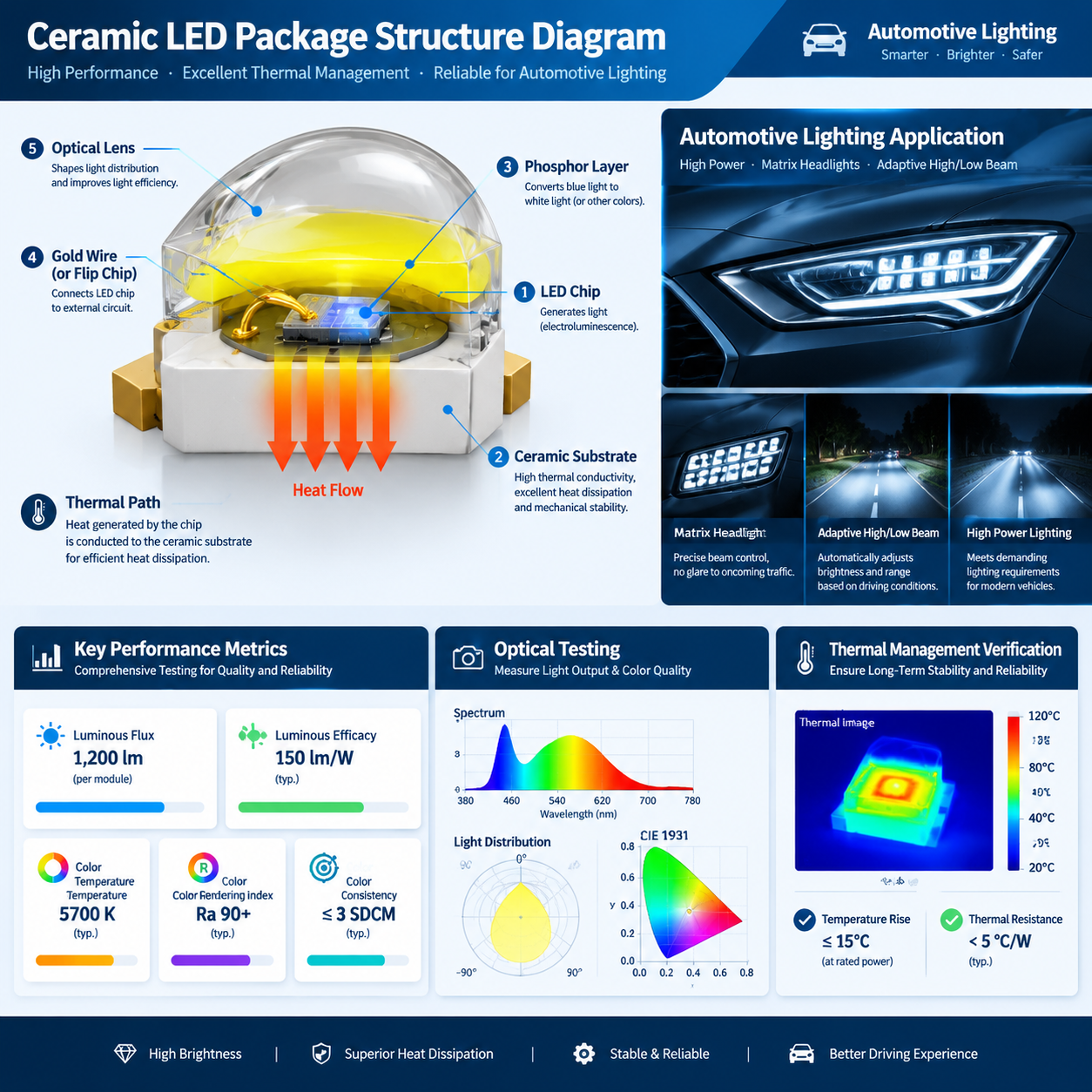 陶瓷LED灯珠封装结构剖面及汽车照明热管理示意图
