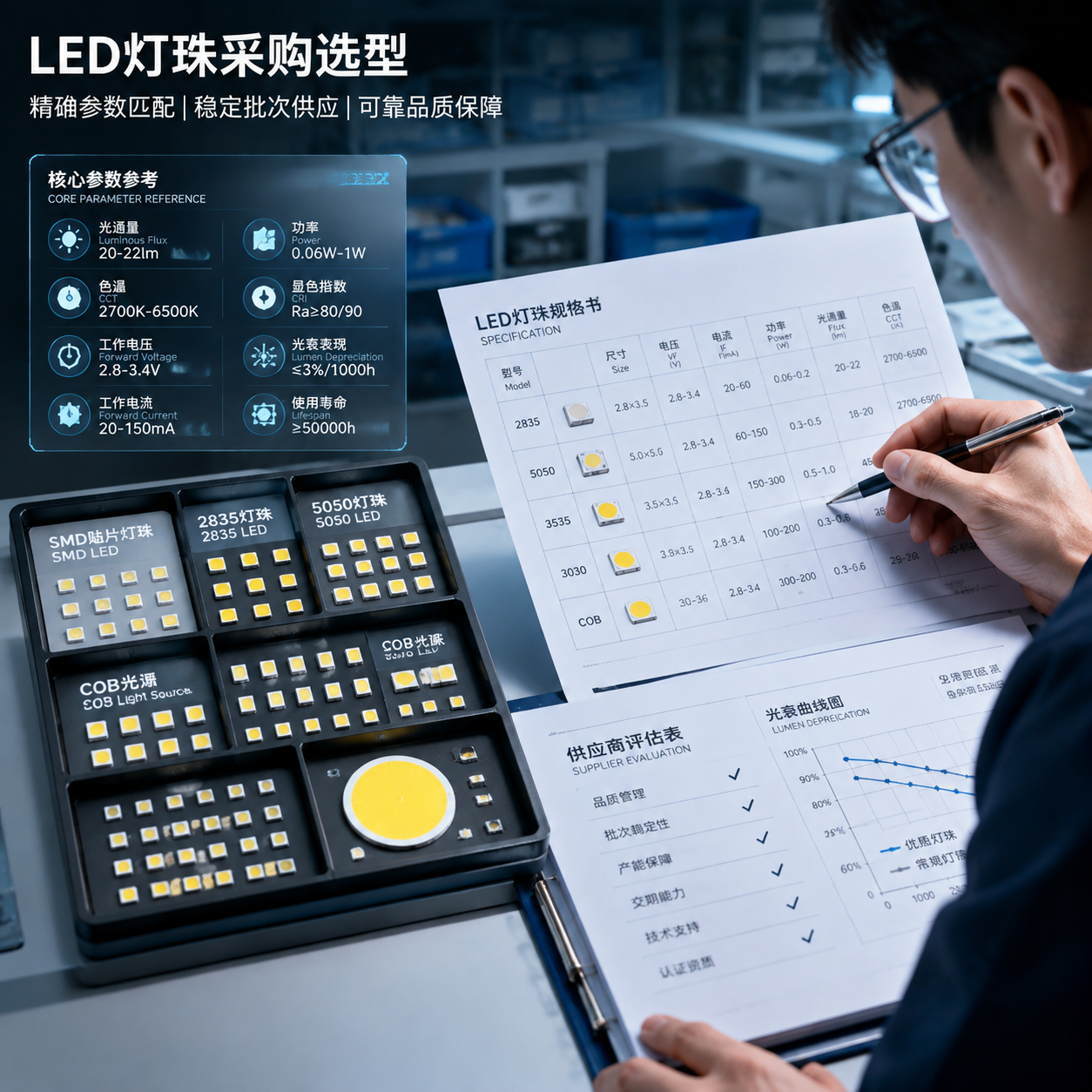 LED灯珠采购选型场景:左侧整齐排列的SMD贴片灯珠、2835灯珠、5050灯珠、3535灯珠、COB光源样品盘,右侧采购人员查看规格资料和参数表的场景,突出规格、光电性能、批次稳定性和供应能力,科技感数据界面辅助,横版工业摄影风格