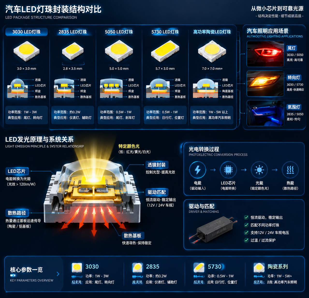 横版技术原理与产品参数结合示意图，左侧3030、2835、5050、5730及陶瓷LED灯珠微观结构对比，右侧汽车尾灯转向灯氛围灯应用场景连接图，展示功率范围、散热路径及驱动匹配，科技剖面图风格，横版布局