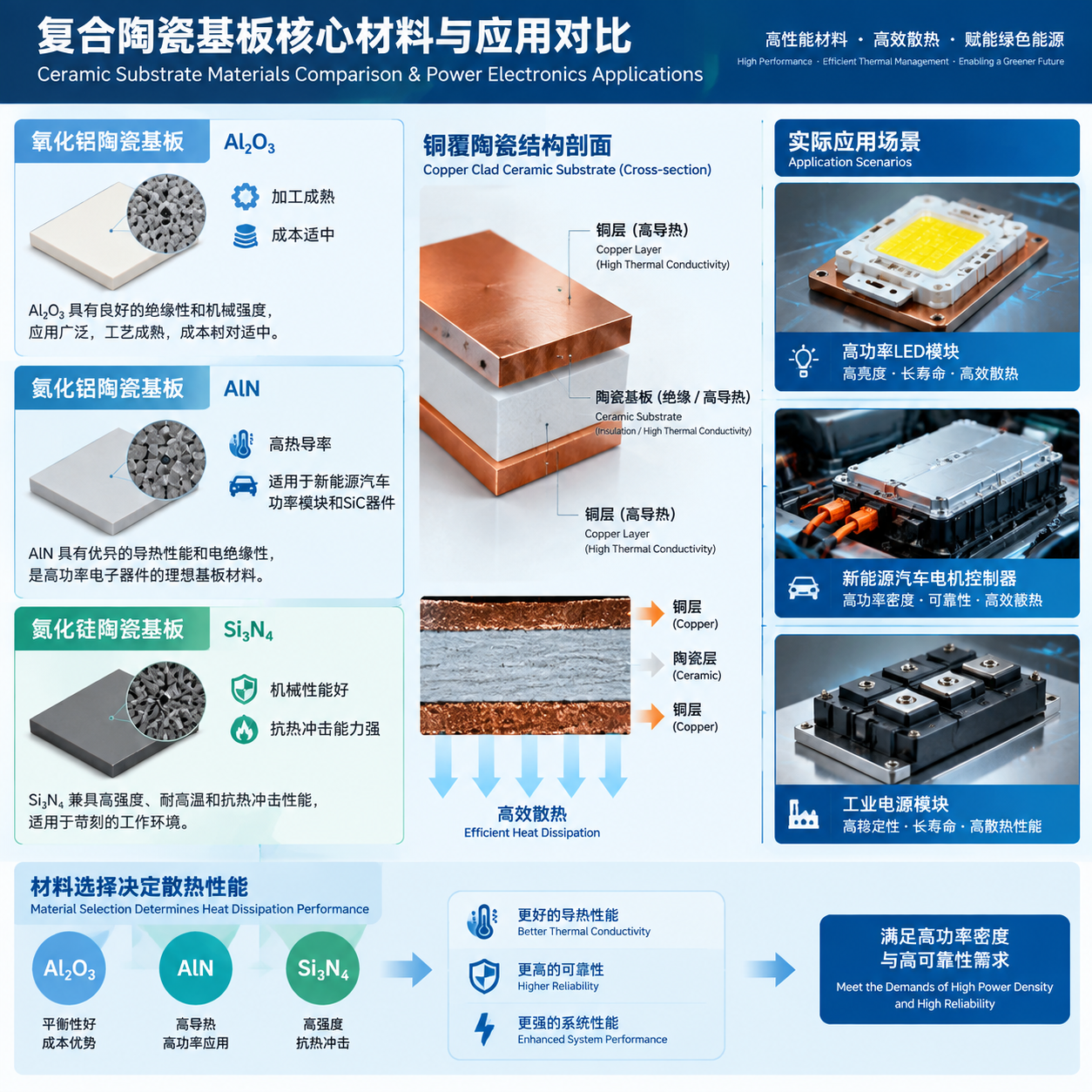 氧化铝氮化铝氮化硅陶瓷基板材料及功率电子应用对比示意图