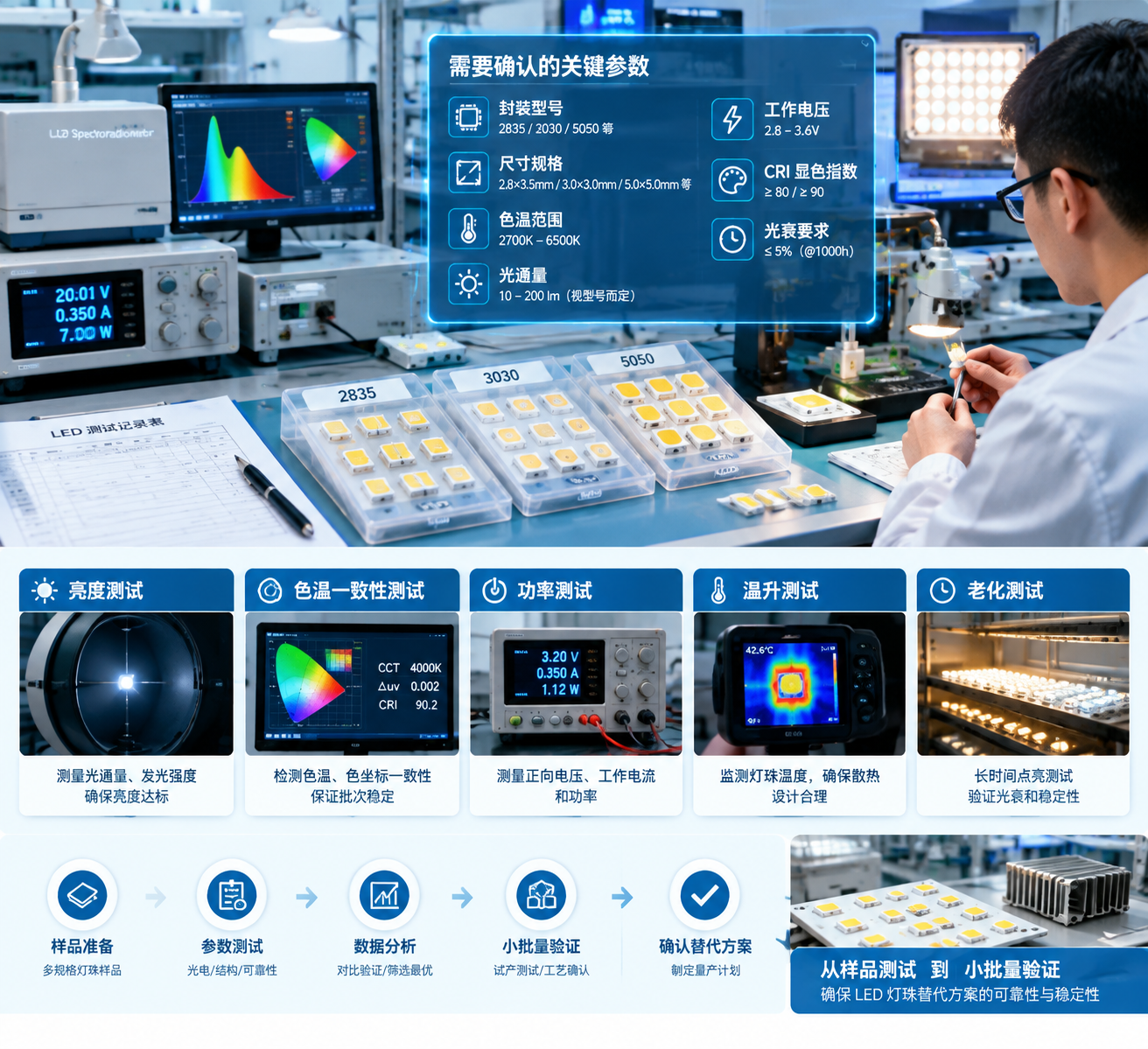 横版构图，展示LED灯珠替换验证过程的技术示意场景。画面中心为LED灯珠样品测试工作台，摆放2835、3030、5050等不同规格LED灯珠样品，旁边有参数检测仪器、光谱测试设备和测试记录表。画面中通过半透明信息面板展示需要确认的关键参数：封装型号、尺寸规格、色温范围、光通量、工作电压、CRI显色指数、光衰要求，并表现工程师正在进行亮度、色温一致性、功率、温升和老化表现测试。背景结合PCB灯板、散热结构和照明产品测试环境，体现从样品测试到小批量验证的流程。整体风格为专业电子实验室实拍结合科技信息图设计，细节清晰，横版公众号排版适用。English note: LED package testing, parameter verification and engineering validation process.