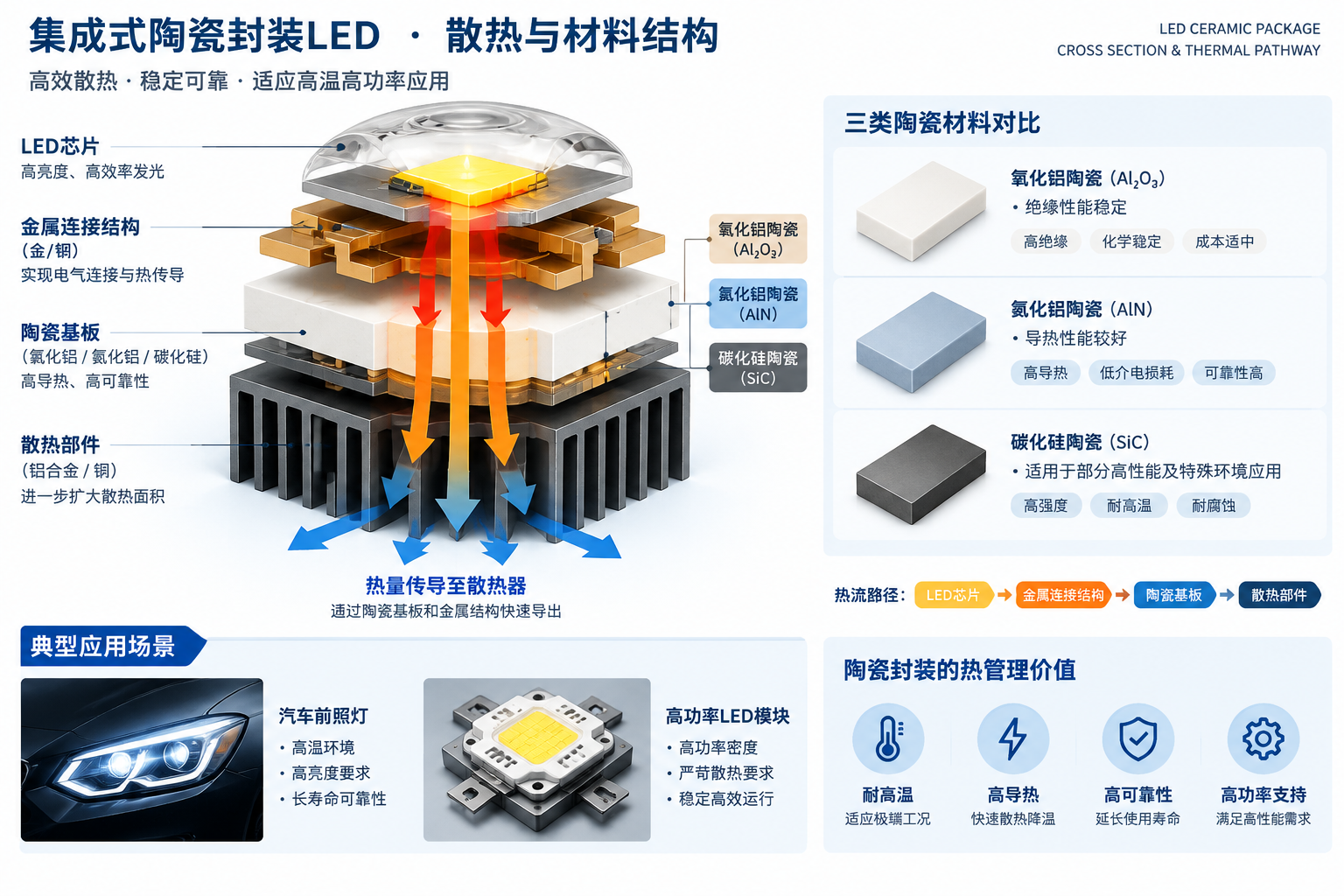 集成式陶瓷封装LED芯片基板结构与散热路径原理图