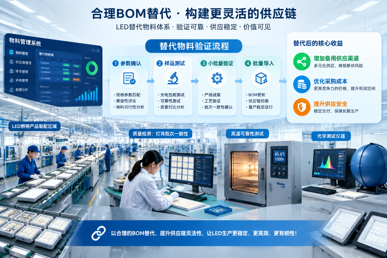 横版企业供应链管理场景插画，表现建立LED替代物料体系后的实际价值。画面展示生产工厂流水线、LED照明产品装配区域和物料管理系统，中央为替代物料验证流程图，包括参数确认、样品测试、小批量验证、批量导入四个阶段；旁边通过简洁图表体现替代后的收益方向：增加备用供应渠道、优化采购成本、提升供应安全。画面加入质量检测人员检查灯珠批次一致性、高温可靠性测试设备、光学测试仪器等元素，体现长期运行设备对稳定性和可靠性的要求。整体采用现代制造业数字化风格，突出企业通过合理BOM替代提升供应链灵活性的结论价值，横版公众号配图比例。English note: Smart manufacturing supply chain optimization scene with LED validation workflow, wide composition.