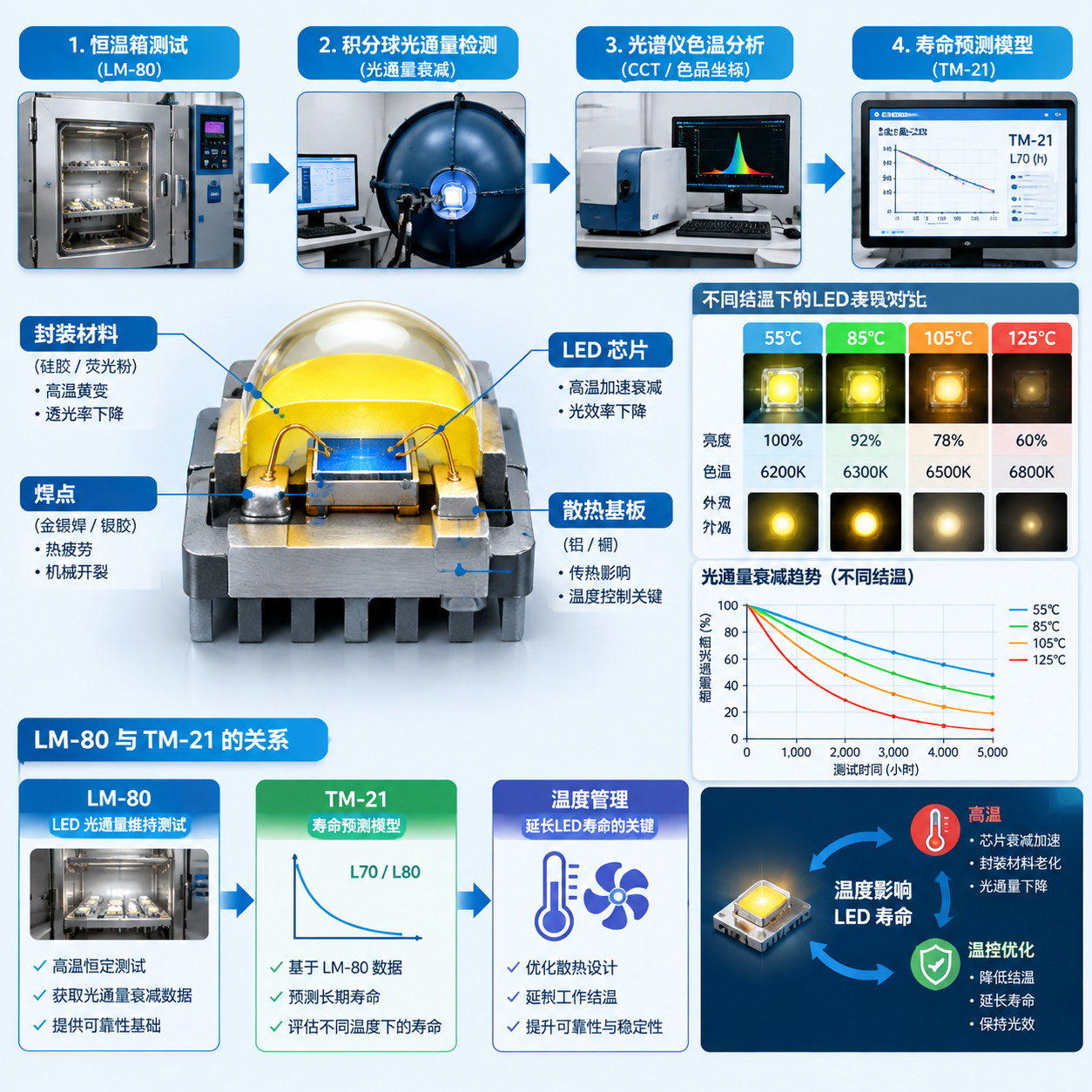 横版技术原理示意图,展示汽车LED灯珠寿命测试与温度影响关系,中心为汽车级LED灯珠结构剖面图包含芯片封装材料焊点散热基板,周围流程箭头连接恒温箱测试积分球光通量检测光谱仪色温分析和寿命预测模型,右侧数据区域展示55℃ 85℃ 105℃ 125℃温度等级并配合光通量衰减趋势曲线,体现高温导致芯片和封装材料老化亮度下降的原理