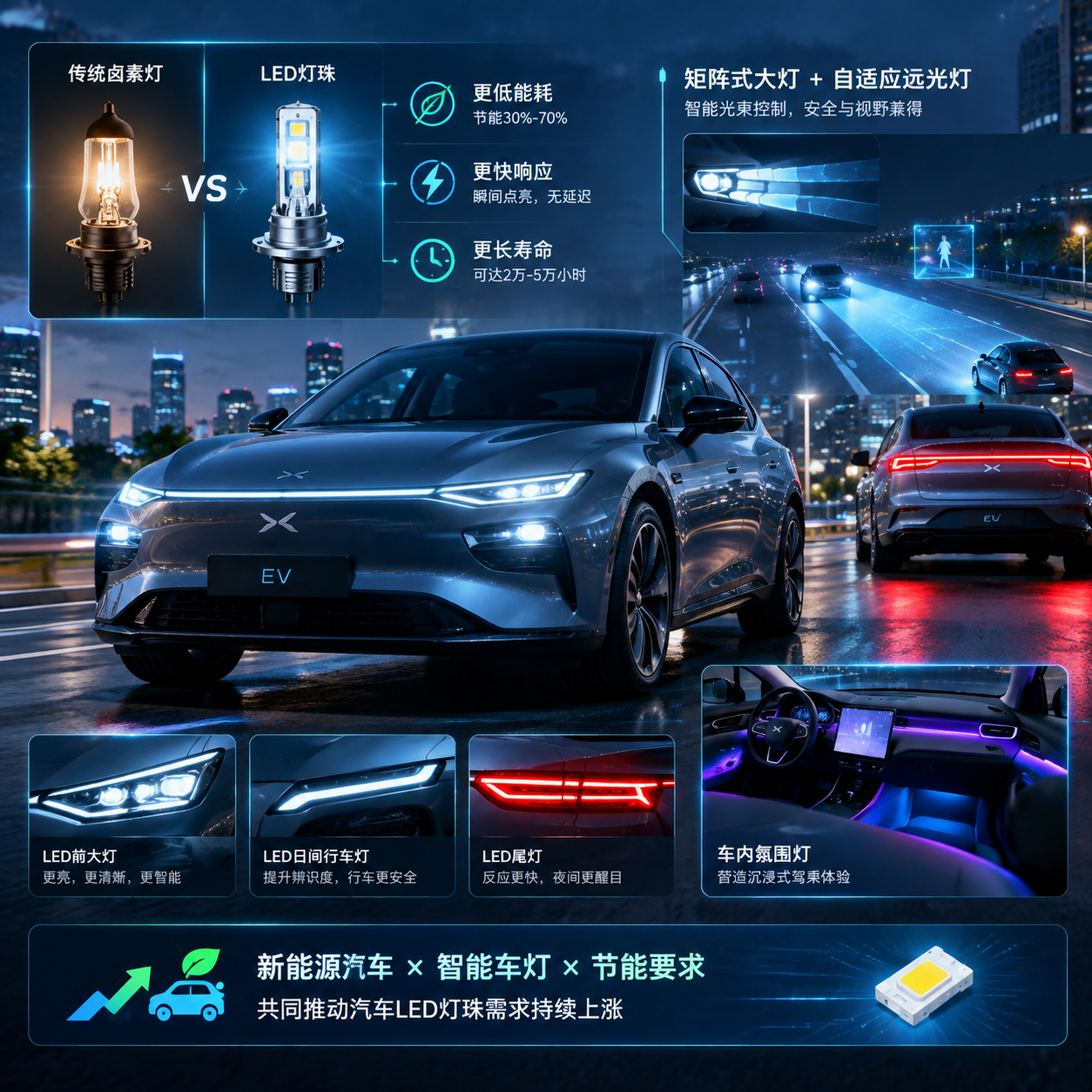 横版构图，作为文章开篇主题图，展示汽车照明从传统光源向LED方案升级的趋势场景。一辆现代新能源汽车停在城市道路环境中，前大灯、日间行车灯、尾灯和车内氛围灯均采用清晰可见的LED光源效果，画面左侧可加入传统卤素灯与LED灯珠的视觉对比，突出LED灯珠能耗较低、响应速度快、寿命较长的特点。背景融入智能汽车元素，如矩阵式大灯、自适应远光灯的光束控制效果，体现新能源汽车、智能车灯和节能要求推动汽车LED灯珠需求上涨的核心主题。整体采用科技感汽车摄影风格，真实光影，高细节，适合公众号头图展示。