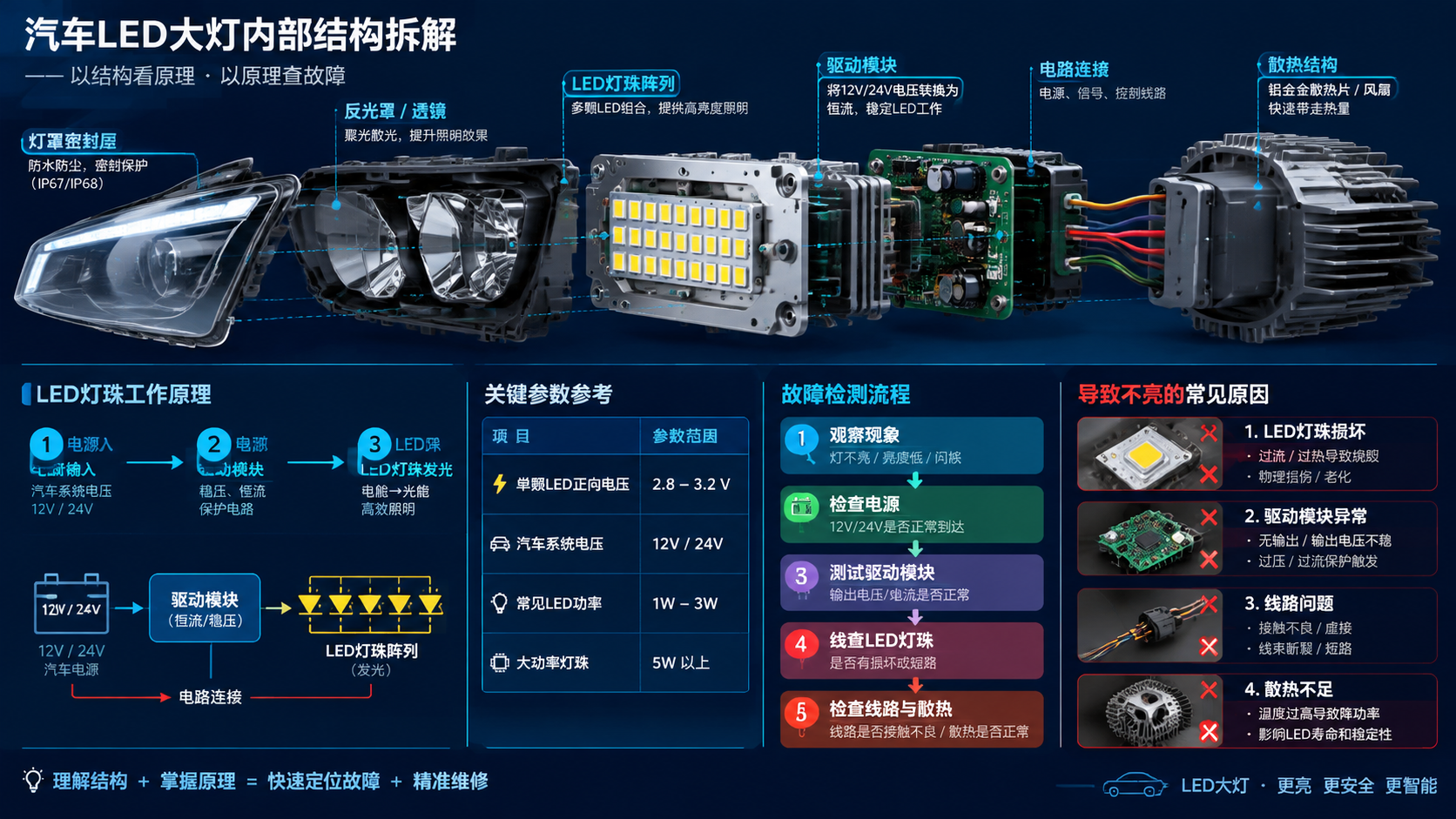 横版技术原理示意图,展示汽车LED大灯内部结构拆解,包括LED灯珠阵列、驱动模块、电路连接、散热结构和灯罩密封层。画面重点突出LED灯珠工作原理与故障检测流程:电源输入→驱动模块→LED灯珠发光,同时标注关键参数:单颗LED正向电压2.8-3.2V、汽车系统电压12V/24V、常见LED功率1W-3W、大功率灯珠5W以上。用清晰的工程剖面风格表现灯珠损坏、驱动异常、线路问题和散热不足可能导致不亮的关系,加入简洁参数表和箭头说明,科技感强但易读。横版布局,适合文章中段解释维修原理。English: automotive LED headlight exploded view, circuit diagram, technical parameter visualization, wide layout.