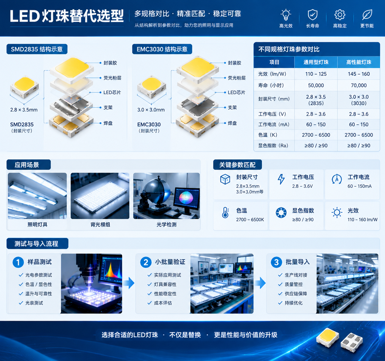横版技术参数可视化图片，展示LED灯珠替代选型过程和不同规格产品对比。画面主体为拆解式LED灯珠结构示意，包括SMD2835、EMC3030等封装形态的微观结构展示，旁边设计参数对比表：通用型灯珠光效约110-125 lm/W，高性能灯珠光效约145-160 lm/W，寿命分别约50000小时和70000小时；同时展示样品测试、小批量验证、批量导入三个流程节点。背景结合照明设备、背光模组测试台、光学检测仪器等实际应用场景，突出封装尺寸、电压、电流、色温、显色指数匹配的重要性。画面风格为专业LED实验室信息图，细节清晰，横版构图，不出现品牌名称。English note: LED component comparison infographic with testing process and technical parameters, wide layout.
