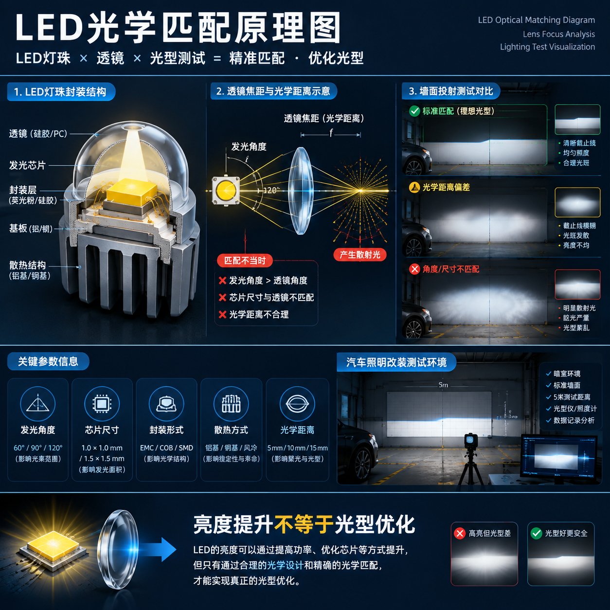 横版原理解析图展示LED灯珠透镜和光型测试之间的匹配关系中心LED灯珠封装结构放大图展示发光芯片封装层散热结构旁边连接透镜焦距示意表现灯珠发光角度尺寸与透镜光学距离不匹配时产生散射光另一侧展示墙面投射测试场景对比清晰截止线集中光斑与异常散射区域
