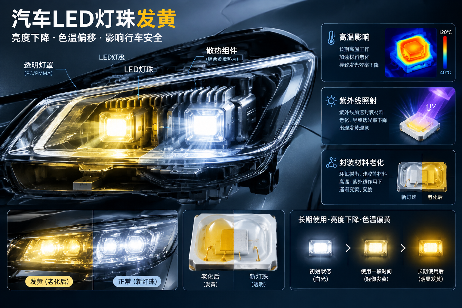 汽车灯珠发黄是什么原因(汽车LED灯珠黄变原因解析)