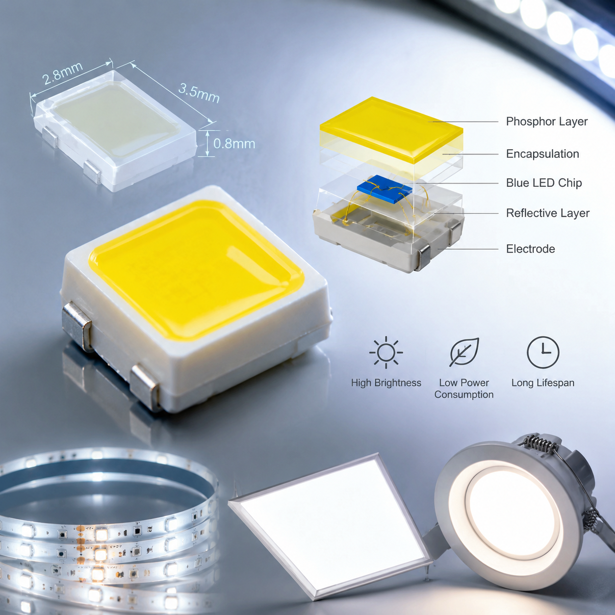 原中之科技白光2835 SMD LED灯珠高清微距实拍效果,突出其小尺寸封装特点,旁边标注2.8mm×3.5mm封装尺寸与约0.8mm厚度,内部展示蓝光LED芯片、荧光粉层、透光封装材料剖面,背景体现灯带、面板灯、筒灯等照明应用场景,主题为小体积高亮度低能耗光源