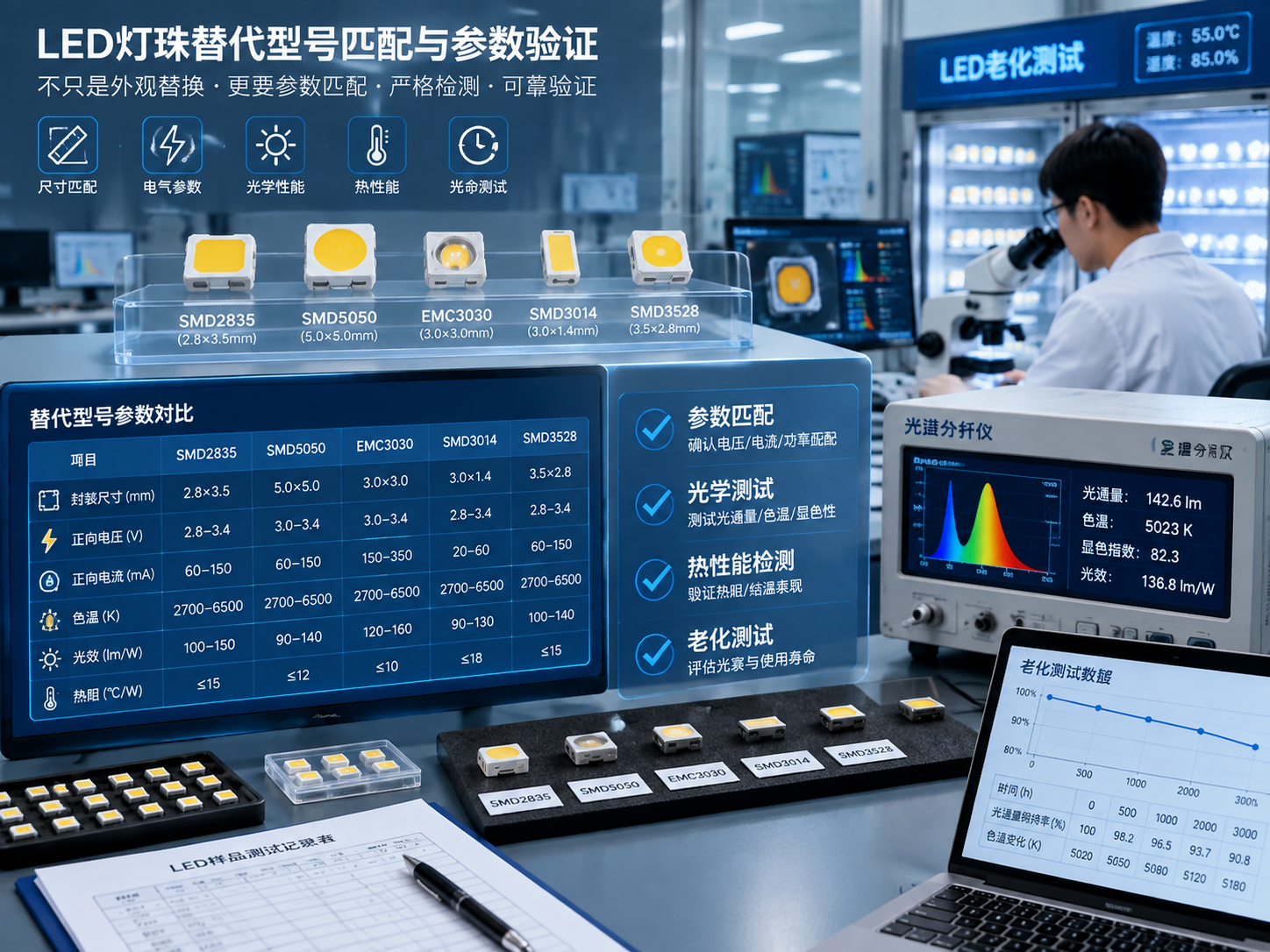 LED灯珠替代型号匹配与参数验证过程：横版构图，画面中心为实验检测台，上方排列不同封装规格的LED灯珠样品包括SMD2835、SMD5050、EMC3030等小型元件，旁边放置显微检测设备、光学测试仪和规格对比表。画面中清晰呈现参数验证内容：封装尺寸、电压、电流、色温、光效、热阻等关键指标，通过半透明数据面板进行对比展示；背景为工程师进行样品测试、记录光学性能和老化测试数据的场景。整体采用专业LED实验室实拍风格，突出替代灯珠不是简单外观替换，而需要经过参数匹配、检测和验证。横版布局，科技感与工业专业感结合