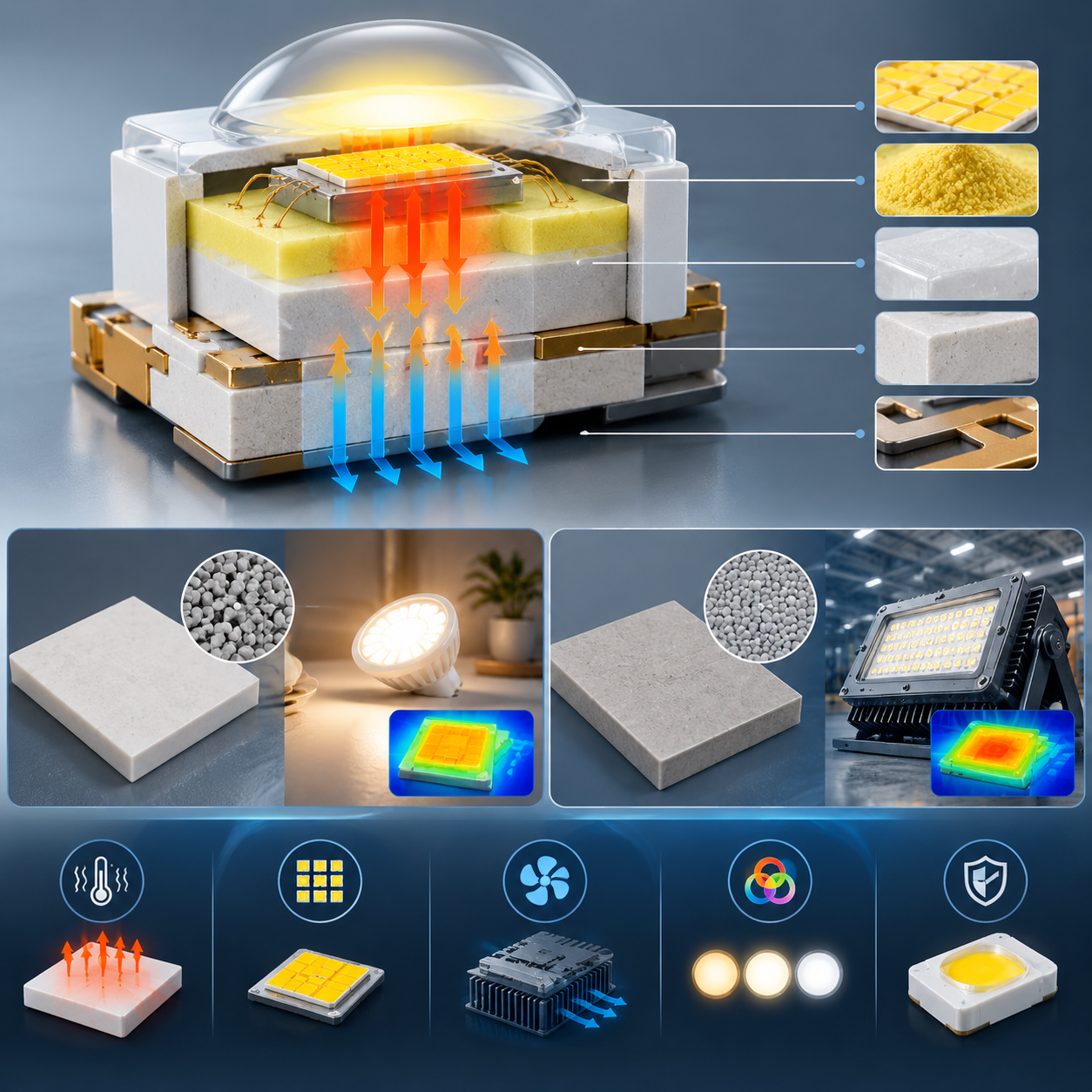陶瓷灯珠材料结构与散热原理3D剖面示意图,展示内部LED芯片荧光粉层陶瓷基板热流路径,氧化铝与氮化铝陶瓷对比常规照明与工业照明应用场景