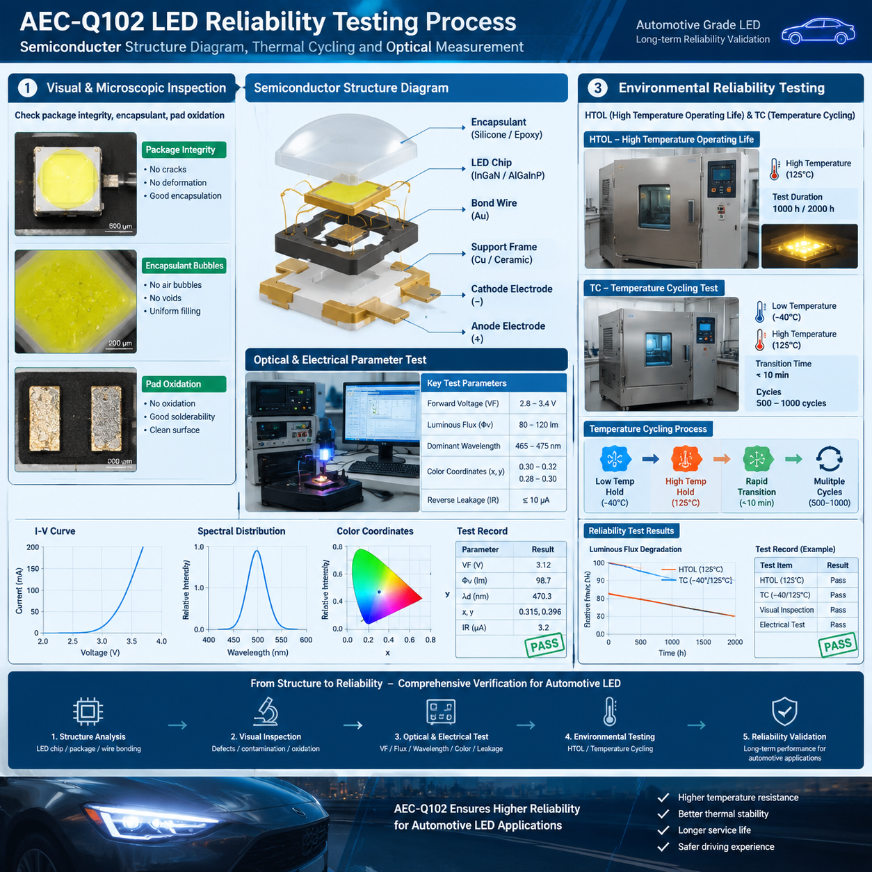 AEC-Q102检测项目 横版技术示意图 主体拆解状态汽车LED灯珠结构LED芯片封装胶体支架焊线电极等内部结构分层展示 左侧外观检查区域封装完整性胶体气泡焊盘氧化检测显微观察画面 中间光电参数测试设备正向电压VF光通量主波长色坐标反向漏电等检测项目数据界面 右侧高温工作寿命测试HTOL和温度循环测试TC环境箱高温保持低温保持快速温度转换多次循环冲击过程 体现汽车LED长期可靠性验证参数曲线测试记录表环境模拟元素