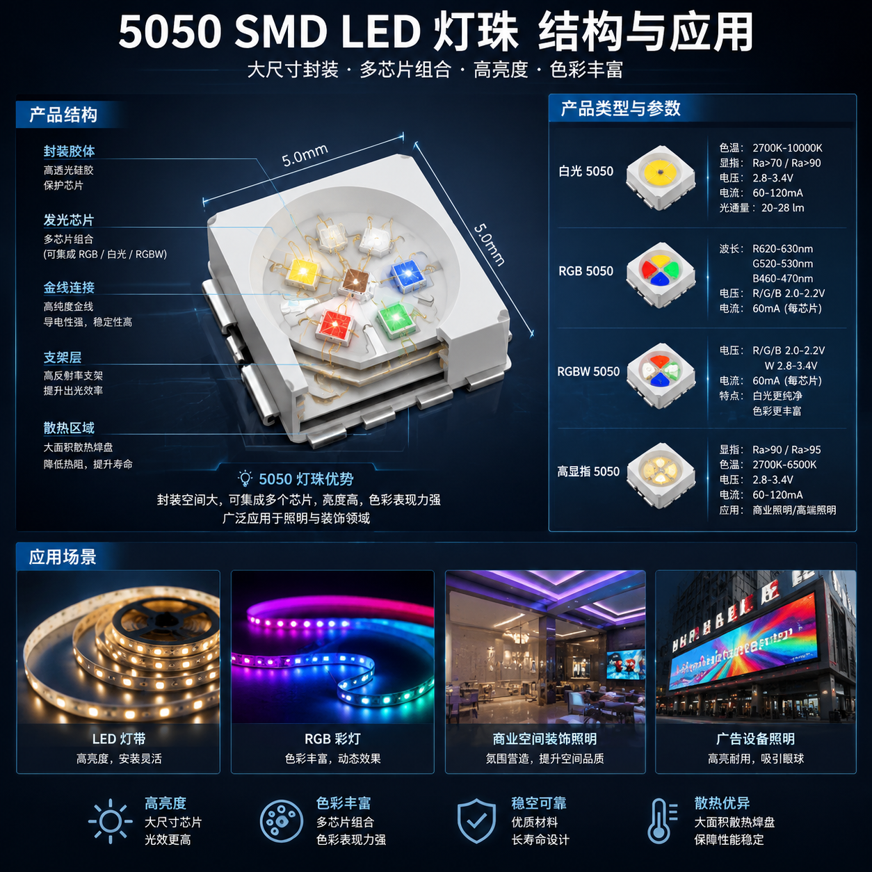 5050 SMD LED灯珠剖面结构示意图,约5.0mm×5.0mm尺寸,多芯片组合与发光区域清晰可见;旁边参数卡展示白光、RGB、RGBW、高显指等不同类型方案;背景连接LED灯带、RGB彩灯、商业照明、广告设备等实际应用案例,从产品结构到终端应用形成视觉流程,突出亮度和彩光优势。横版16:9高精度工业产品展示图,科技感强