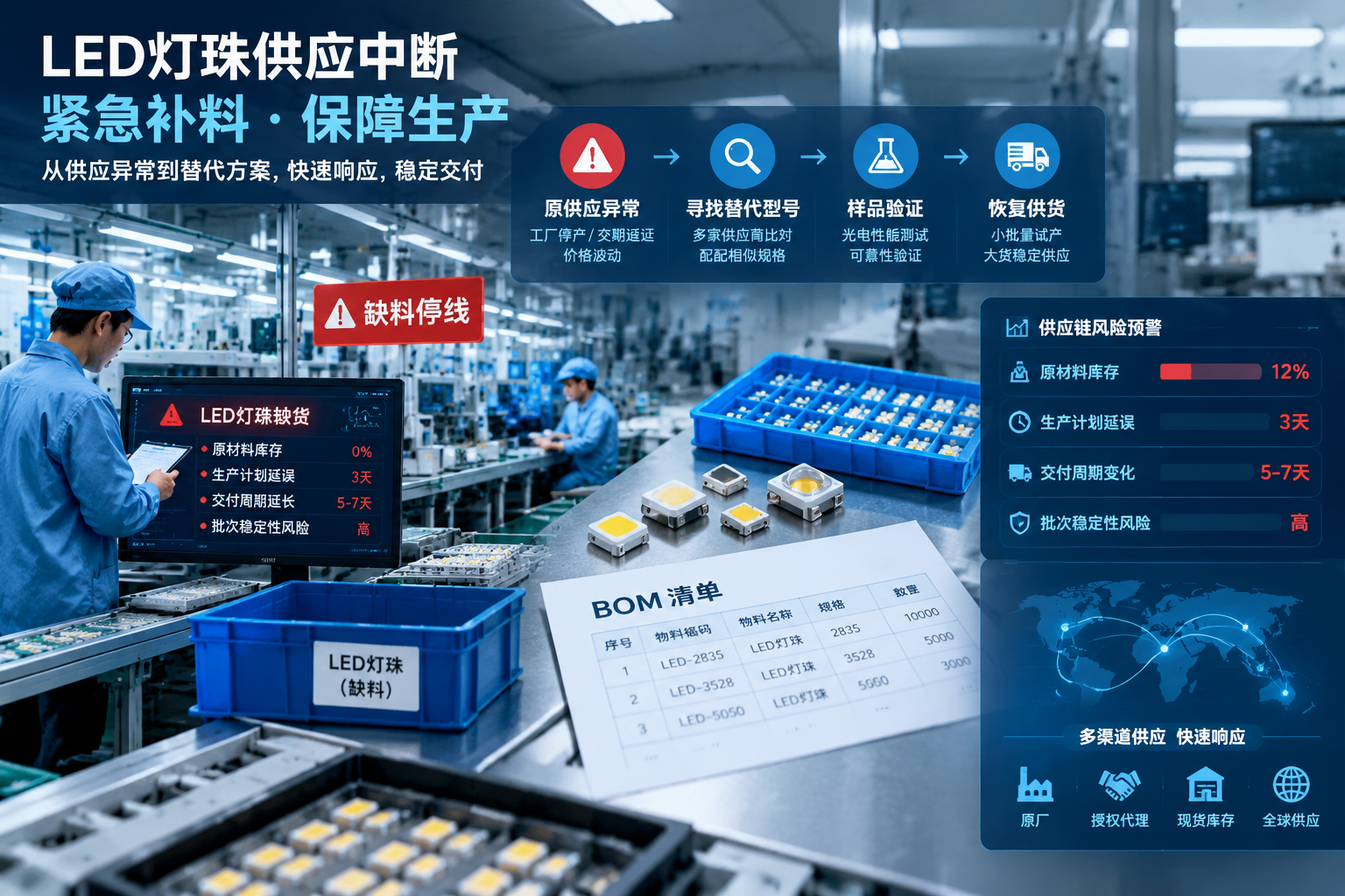 LED灯珠供应中断后的紧急补料场景：横版构图，画面左侧为生产车间内LED灯具生产线部分工位暂缓生产，工作人员查看库存和供应状态；中间突出展示小型LED灯珠元件、物料盒、BOM清单和供应链流程示意，表现从原供应异常到寻找替代型号、样品验证、恢复供货的过程。整体风格真实工业摄影结合科技供应链可视化，冷色工业灯光，突出紧急响应和供应保障主题，适合公众号文章首图