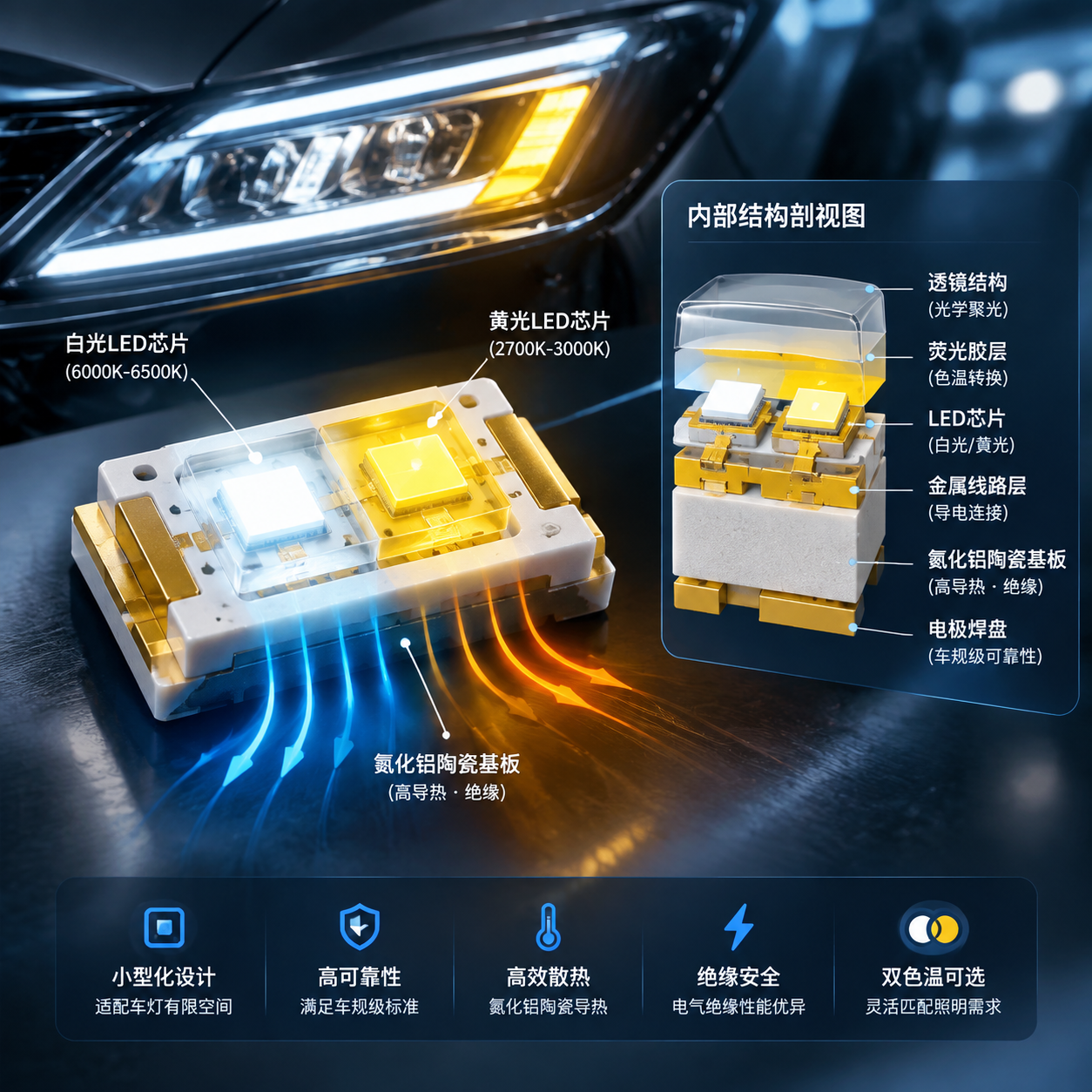 氮化铝陶瓷车载双色LED灯珠整体结构与汽车照明应用展示