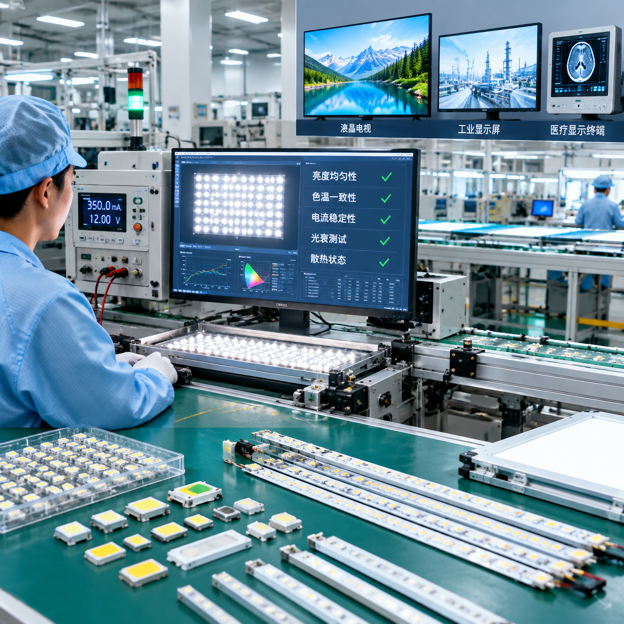 横版实景工业应用场景图，展示现代 LED 封装检测生产线，工程人员使用恒流测试设备检测液晶背光灯珠，前景摆放多种背光应用灯珠样品与灯条组件，背景液晶电视、工业显示屏、医疗显示终端等设备正在运行