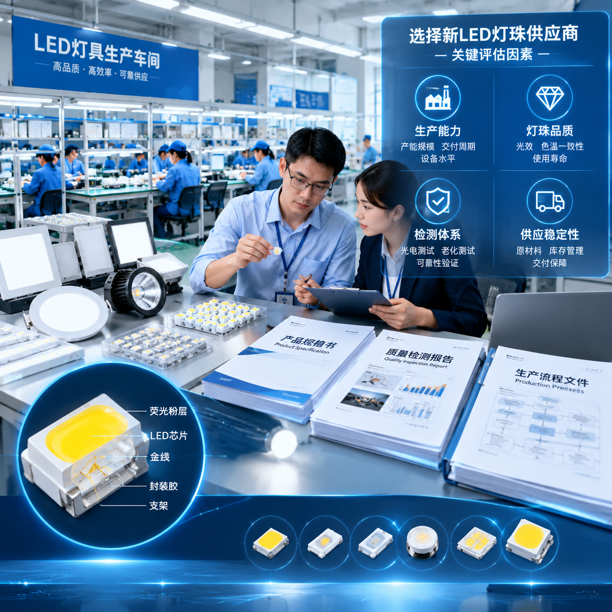 横版构图，作为文章开篇主题图，展示灯饰工厂更换科技灯珠供应商的决策场景。画面左侧为现代化灯饰生产车间，摆放多种LED灯具半成品和灯珠样品，右侧为供应商审核区域，包含LED灯珠样品盒、产品规格书、质量检测报告、生产流程文件等元素。突出表现企业在选择新LED灯珠厂家时关注的核心因素：生产能力、灯珠品质、检测体系和供应稳定性。画面中可加入放大的LED灯珠微观细节，体现芯片、封装结构和发光效果，同时表现灯饰工厂管理人员正在进行供应商评估，整体风格为真实工业摄影结合科技感信息展示，光线明亮，专业制造业场景，适合公众号文章首图