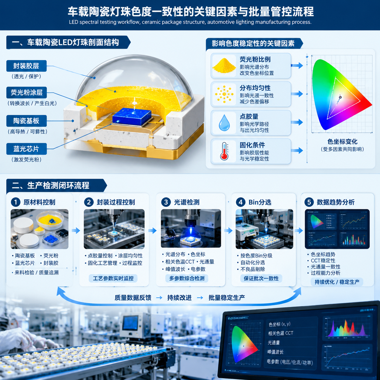 车载陶瓷LED灯珠结构与色度一致性管控流程图，展示芯片、陶瓷基板、荧光粉、封装工艺及光谱检测、Bin分选、数据追踪闭环