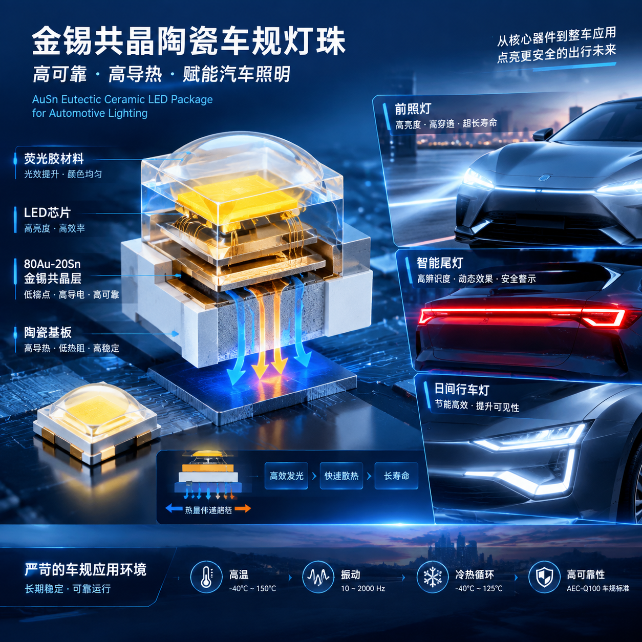 金锡共晶陶瓷车规灯珠量产整体概念场景:左侧拆放的高功率LED灯珠结构(LED芯片、80Au-20Sn金锡共晶层、陶瓷基板、荧光胶材料四层剖面,突出热量传递路径),右侧为新能源汽车前照灯、智能尾灯、日间行车灯应用场景,展现高温振动冷热循环环境,横版工业风3D渲染