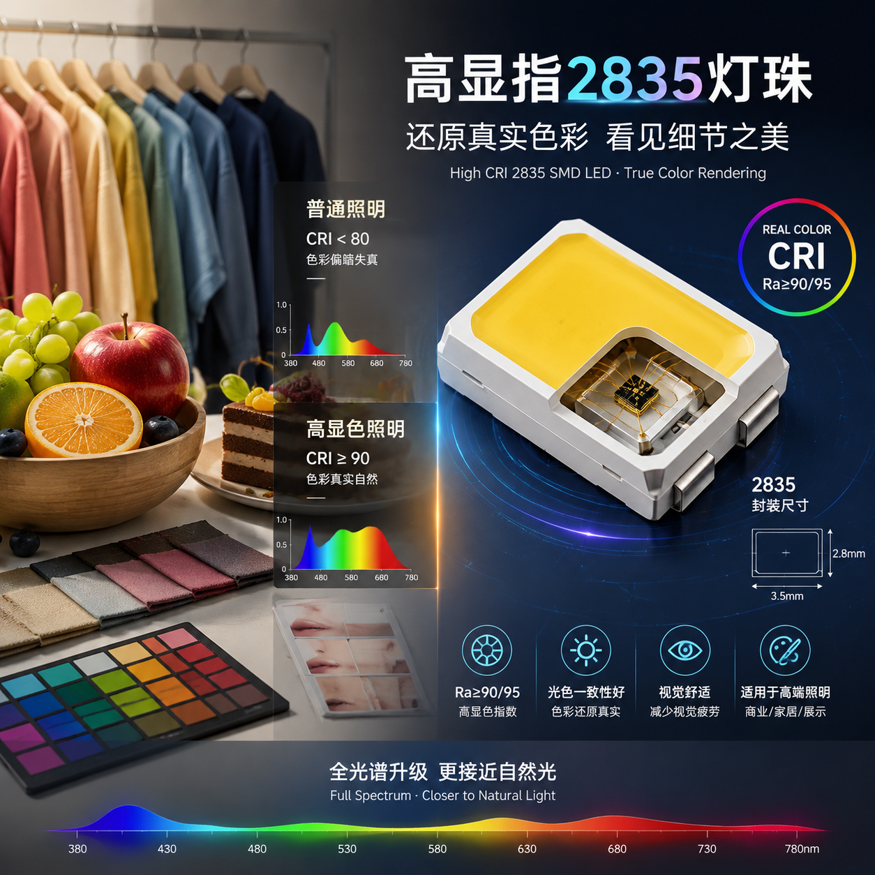 横版科技照明主题图,高显指2835灯珠核心价值:左侧自然光下服装、食品、水果、人物肤色真实色彩,右侧拆解2835 SMD LED灯珠小封装结构,周围光谱线条和CRI Ra≥90 Ra≥95科技元素,普通照明与高显色照明颜色差异对比