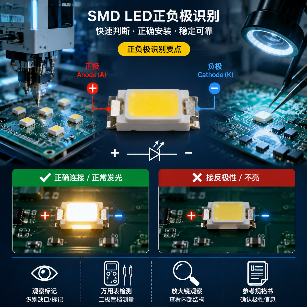 横版科技工业风插图,展示SMD贴片LED灯珠正负极识别场景。画面中心放大一颗小型SMD LED封装元件,左右分别标注正极Anode(A)与负极Cathode(K)的极性方向,旁边展示PCB线路板上的贴片LED安装位置。一侧呈现正确极性连接后LED正常发光的效果,另一侧展示正负极接反导致灯珠不亮的对比效果。背景包含电子生产车间、精密贴装设备和检测工具元素,突出贴片LED安装、维修和生产中判断极性的重要性。整体采用高清微距摄影结合3D结构示意风格,横向构图,适合公众号技术文章首图。