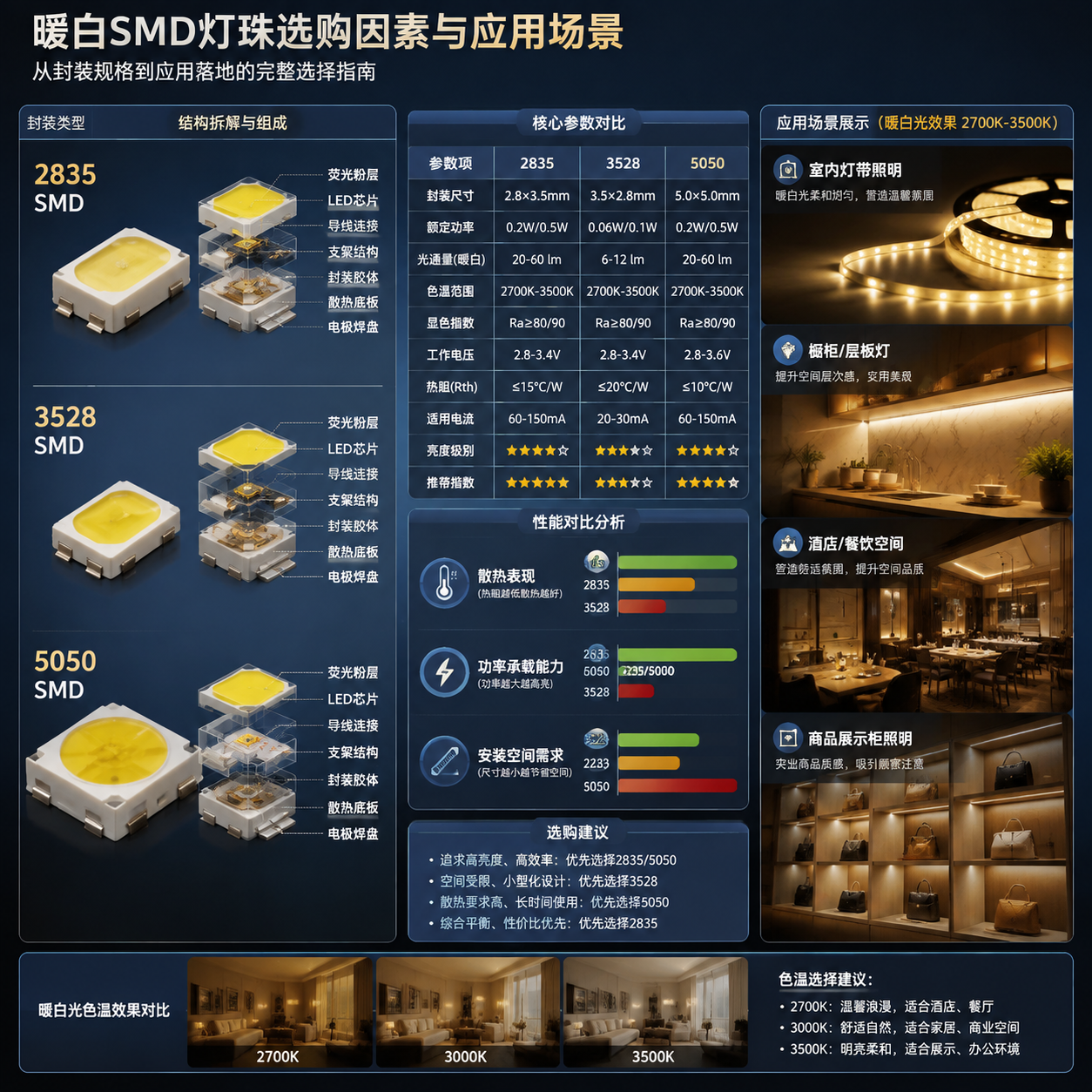 SMD灯珠封装规格对比示意图,展示2835、3528、5050三种尺寸灯珠结构拆解效果,突出芯片、封装层、电路连接和散热关系,中间参数信息板展示功率承载能力、散热表现与安装空间关系,右侧呈现室内灯带、橱柜灯、酒店餐饮及商品展示柜等实际暖白应用案例