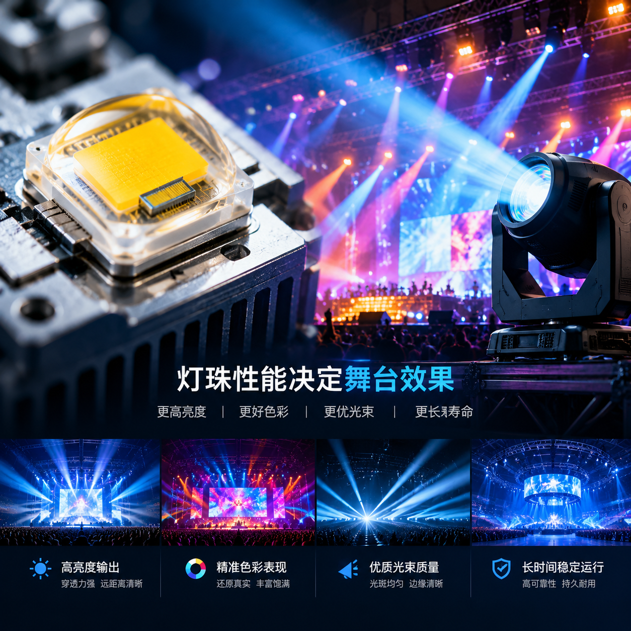 舞台灯光源灯珠作为核心发光部件的整体应用场景,左侧为LED灯珠芯片与散热基板微距特写,右侧展示大型演唱会舞台灯具投射绚丽光束,背景为剧场会议活动灯光环境,突出灯珠性能决定舞台效果