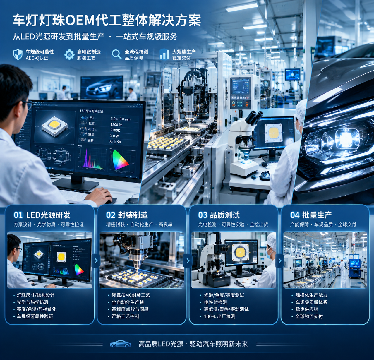车灯灯珠OEM代工整体解决方案场景,现代汽车LED光源研发工厂内部环境,左侧工程师在显示器前进行方案设计,中间精密封装设备与显微检测区域,右侧汽车前大灯安装高亮LED光源,突出完整OEM流程,科技工业摄影风格