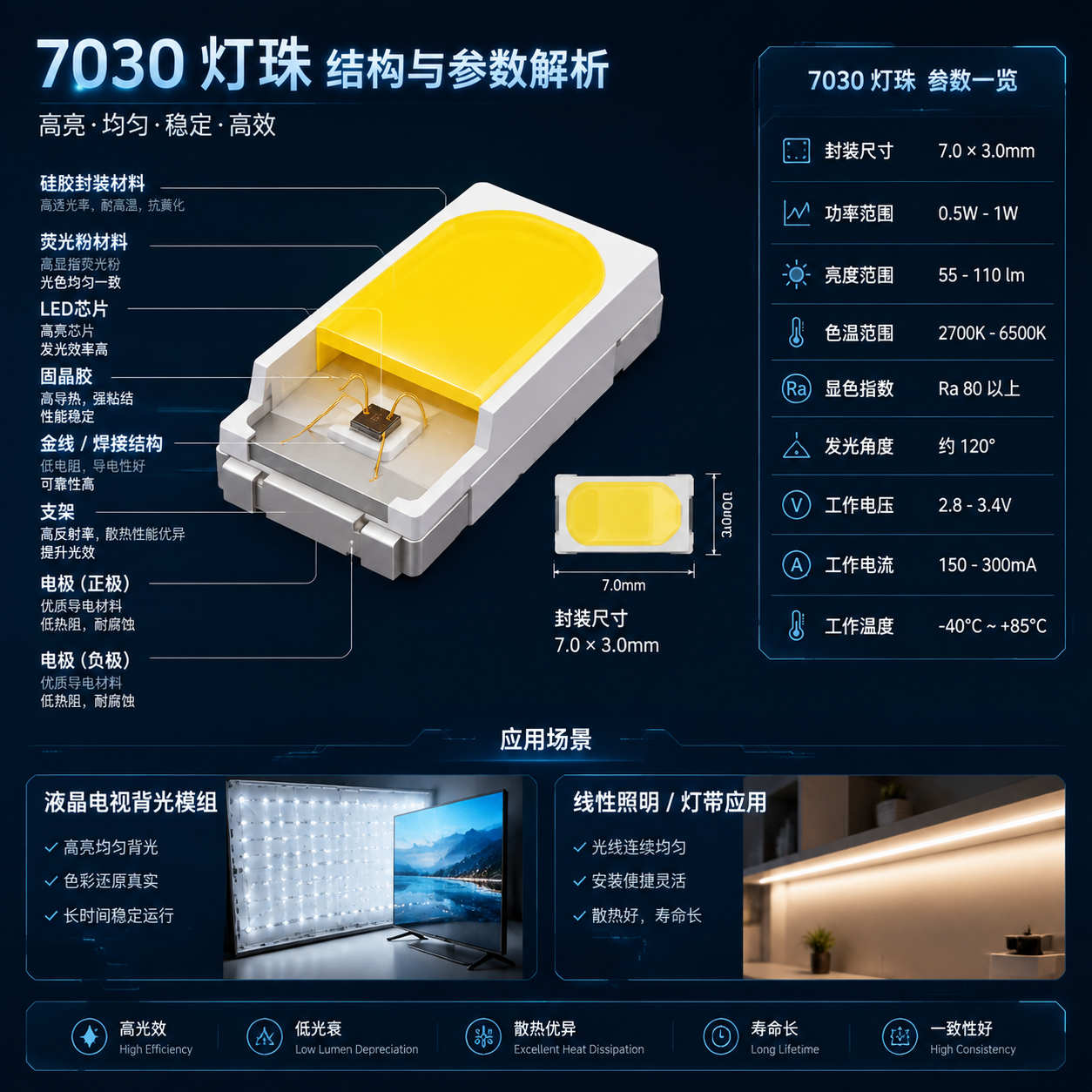 横版技术解析信息图,展示7030灯珠结构特点与参数可视化。画面中心为7030 LED灯珠放大剖面结构图,分层展示LED芯片、荧光粉材料、固晶胶、金线或焊接结构、支架、硅胶封装材料等组成部分,并用简洁标注线连接说明;旁边设计参数面板,清晰呈现封装尺寸7.0×3.0mm、功率范围0.5W-1W、亮度范围55-110lm、色温2700K-6500K、显色指数Ra80以上、发光角度约120°等信息。背景结合液晶电视背光模组和线性照明设备的局部应用效果,突出光线均匀、稳定运行和散热优势。整体风格为专业LED技术说明图,横向排版,适合文章中段技术讲解使用。 -- LED package structure infographic, technical diagram, semiconductor component analysis, horizontal layout