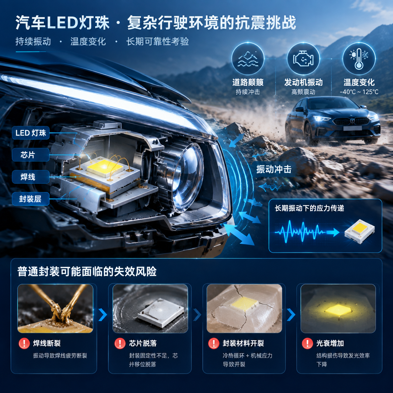 横版科技工业风插画，展示汽车 LED 灯珠在复杂行驶环境中的抗震挑战。画面左侧为高速行驶汽车前大灯内部结构剖面，清晰呈现 LED 灯珠、芯片、焊线和封装层；右侧加入道路颠簸、发动机振动、温度变化的环境元素，通过振动波纹和机械冲击箭头表现灯珠受到的长期压力。突出普通封装可能出现焊线断裂、芯片脱落、封装材料开裂、光衰增加等失效风险，整体采用精密汽车电子研发视觉风格，蓝色冷光、高细节、工程剖析效果，横向构图适合公众号首图展示。