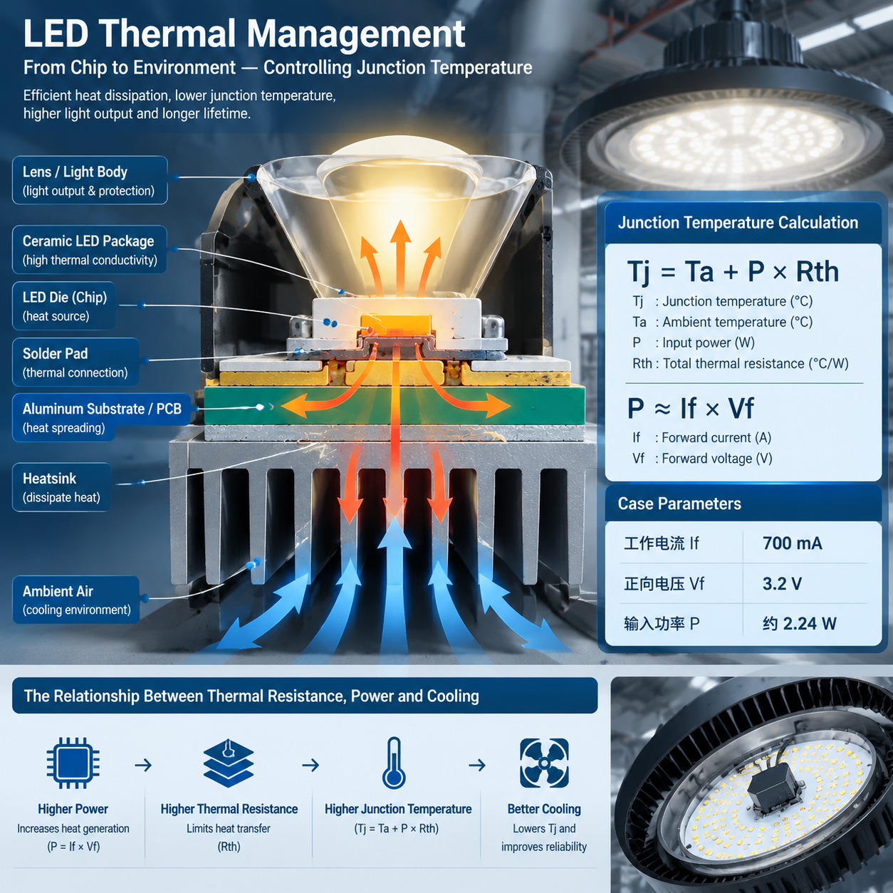 陶瓷LED灯珠热管理路径及结温计算公式示意图