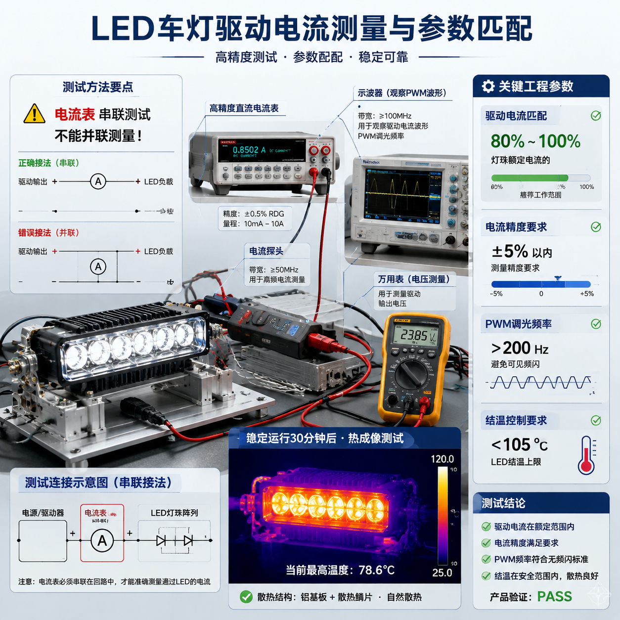 横版原理示意图,围绕LED车灯驱动电流测量与参数匹配展开。画面主体为汽车LED灯具测试实验台,展示高精度直流电流表、电流探头、示波器和万用表连接到LED驱动输出回路,强调“电流表串联测试,不能并联测量”的测试方法。右侧加入参数可视化面板,显示驱动电流控制在灯珠额定电流80%-100%左右、电流精度±5%以内、PWM调光频率高于200Hz、LED结温低于105℃等工程参数。背景包含LED灯珠阵列、铝基板散热结构和稳定运行30分钟后的热测试状态,突出实际车灯研发验证过程。English note: LED headlight current measurement setup with engineering parameters, oscilloscope and thermal testing visualization.