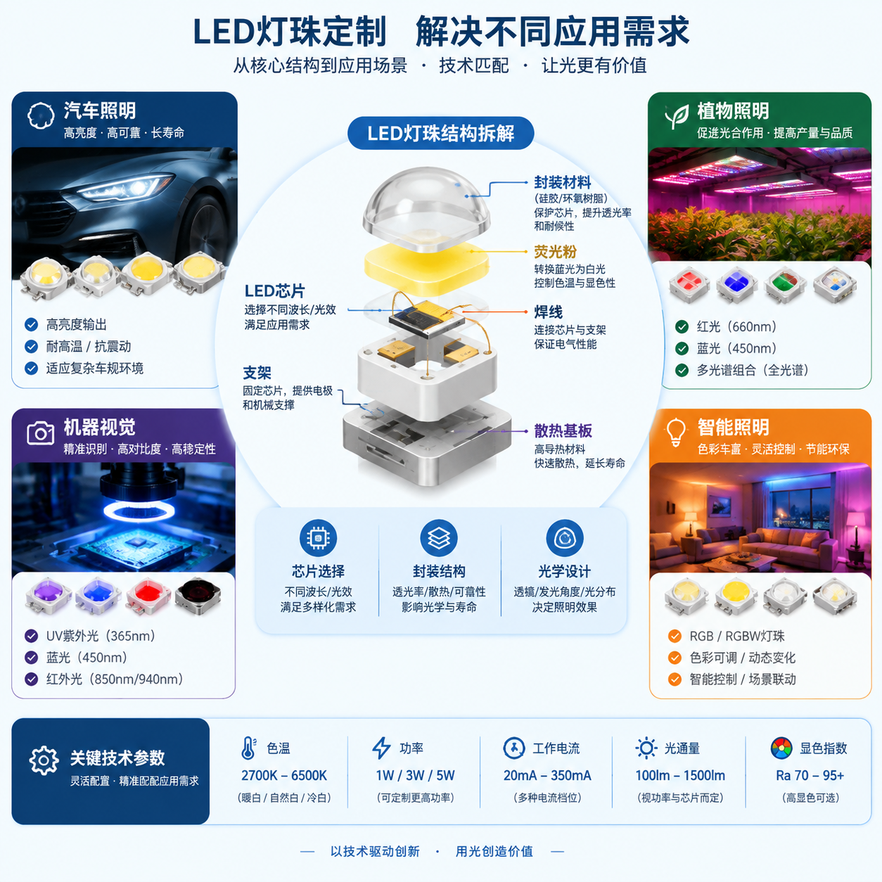 横版技术原理与应用结合示意图,展示LED灯珠定制解决不同应用需求的核心内容。画面中心为拆解式LED灯珠结构展示,放大呈现LED芯片、焊线、荧光粉、封装材料、支架和散热基板等组成部分,并通过标注线体现芯片选择、封装结构和光学设计对性能的影响。画面周围分布四个实际应用场景:汽车照明区域展示高亮度LED灯具;植物照明区域展示红光、蓝光、多光谱组合光源;机器视觉区域展示UV紫外光、蓝光和红外检测设备;智能照明区域展示RGB/RGBW灯珠实现颜色变化。加入参数信息元素,如色温2700K-6500K、功率1W/3W/5W、工作电流20mA-350mA等科技数据面板。整体采用专业产品信息图风格,结构清晰,突出技术匹配与应用落地。English note: LED package structure diagram, application scenarios, technical parameters visualization.