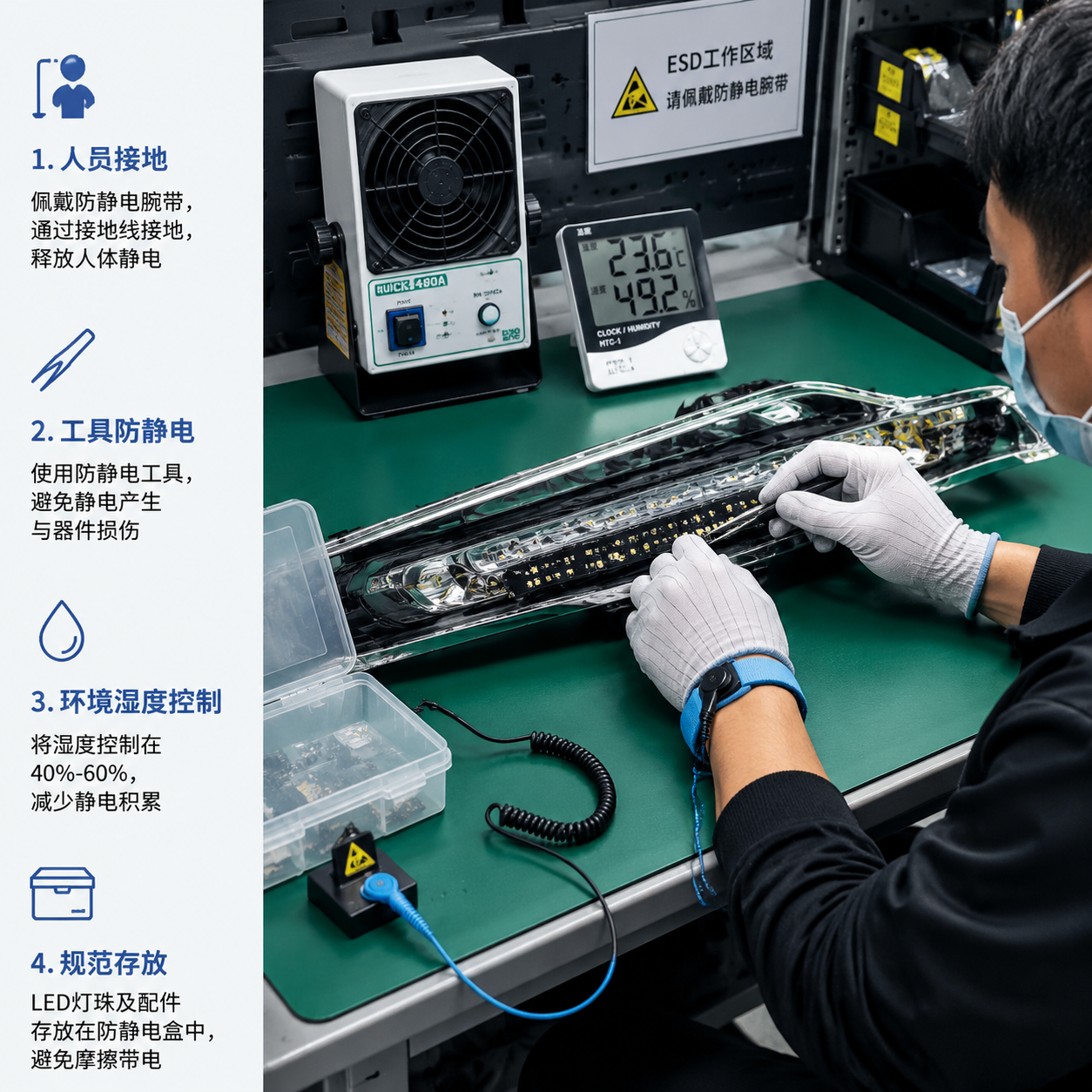横版实景+流程示意结合图片,展示车灯LED维修防静电工作区域的搭建过程。画面中心是一张标准ESD维修工作台,包含防静电桌垫、接地线、防静电腕带、防静电镊子、离子风机和湿度检测设备。维修人员佩戴防静电腕带,正在操作裸露的汽车LED灯珠基板,避免直接触碰芯片区域。背景展示整洁的维修环境,旁边以简洁标识体现“人员接地、工具防静电、环境湿度控制、规范存放”四个防护步骤,突出降低静电积累风险的实际应用场景。画面真实工业摄影风格,细节清晰,横版构图。 (Automotive LED ESD protection workstation, anti-static repair environment, realistic industrial photo)
