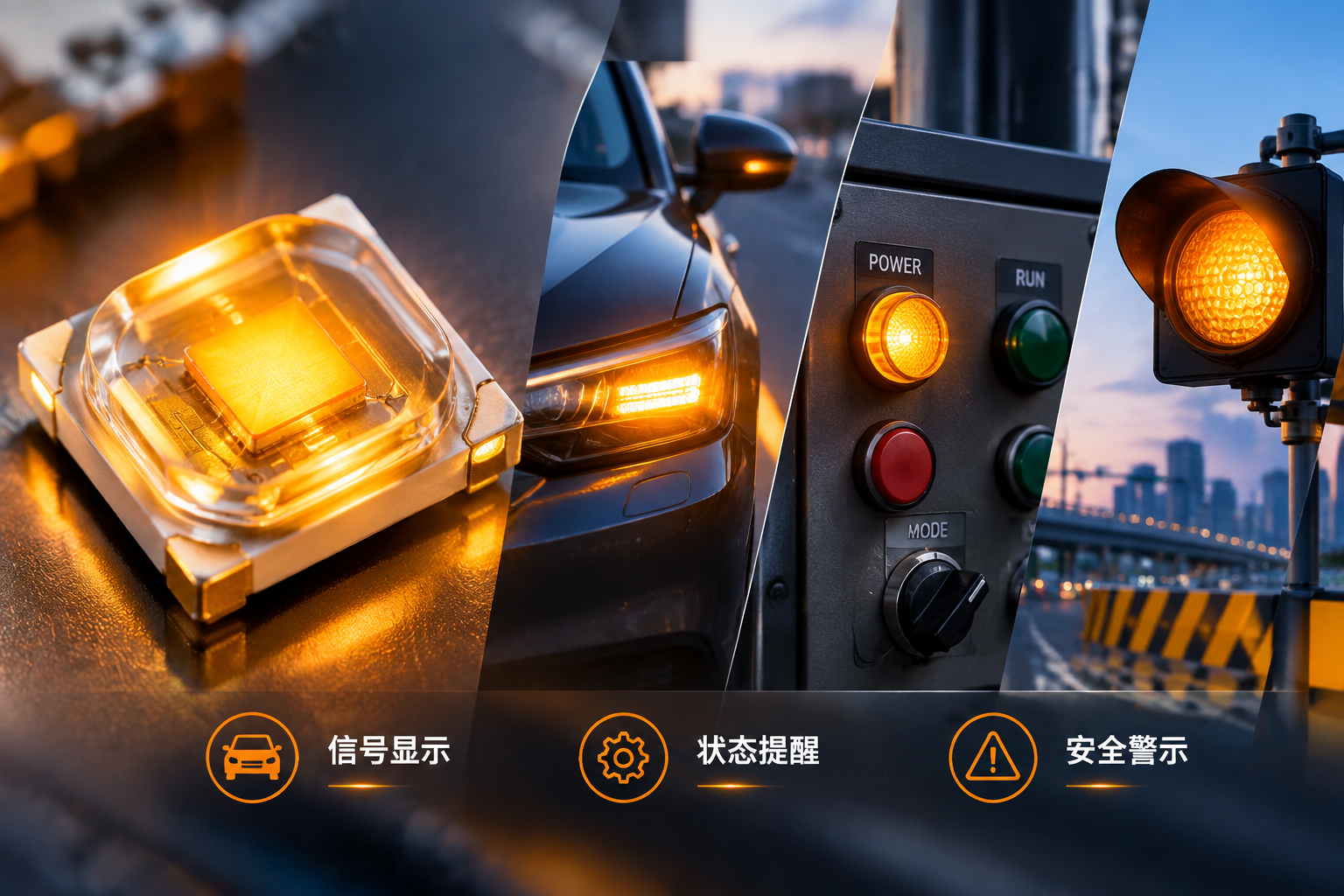 琥珀色LED灯珠产品概览图，左侧高亮微距实拍黄橙色LED灯珠芯片与封装，右侧展示汽车转向灯、工业控制面板及道路警示信号等核心应用场景，横版科技主题图